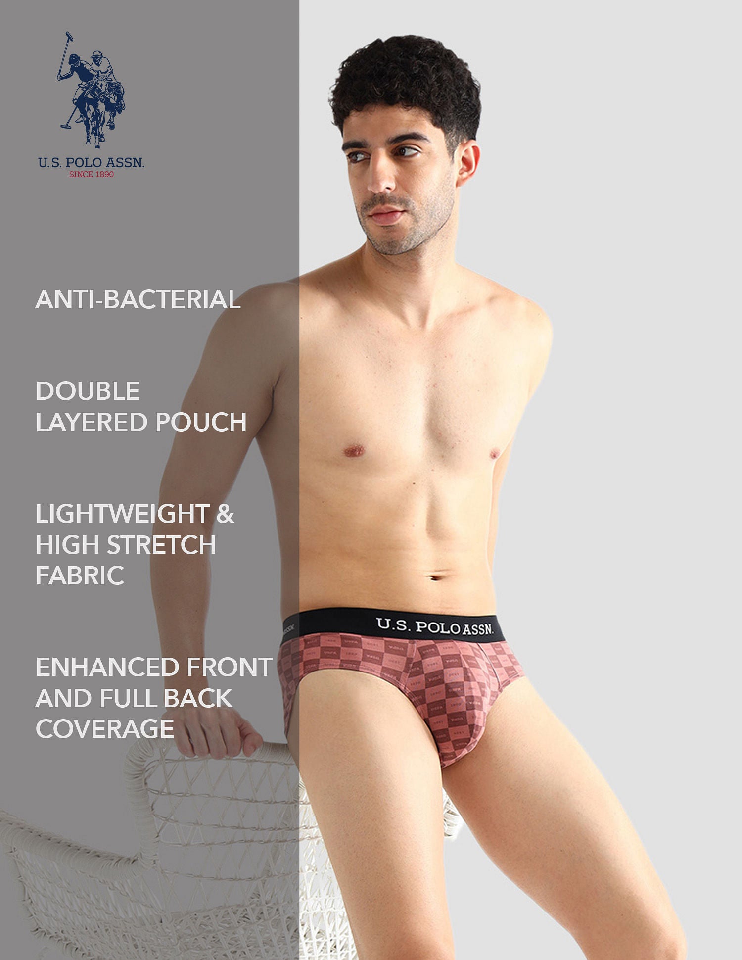 Elasticized Waist Solid OEB14 Briefs - Pack Of 3 Old Rose, Iced Coffee and White - U.S. POLO ASSN. | Large