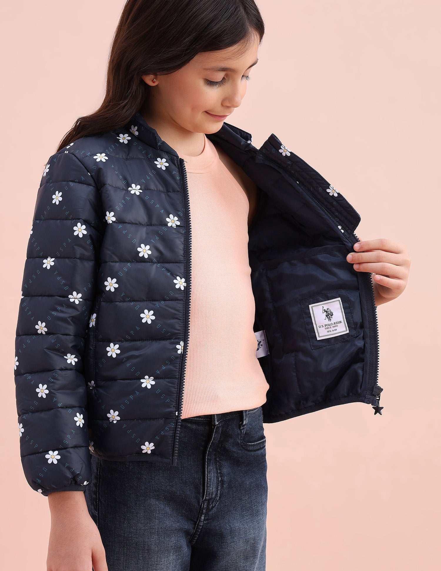 Floral Logo Printed Puffer Jacket Navy - U.S. POLO ASSN. | Large