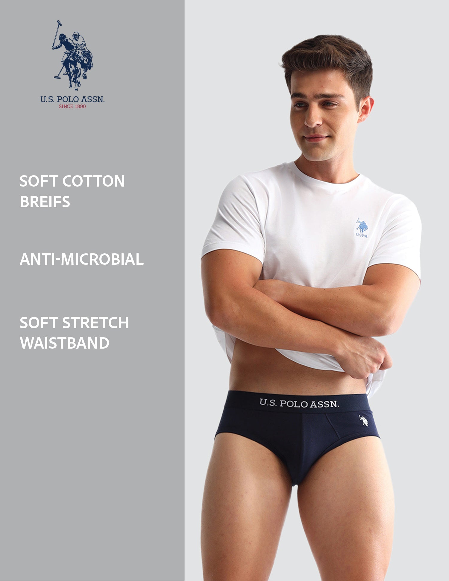 Anti Microbial Solid OEB13 Briefs - Pack Of 3 Black, Navy and Grey Melange - U.S. POLO ASSN. | Large