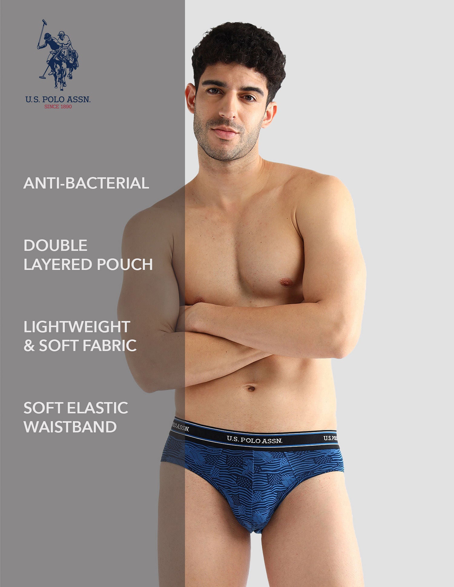 Elasticized Waist Printed I615 Briefs - Pack Of 2 Fedral Blue and Grey Melange - U.S. POLO ASSN. | Large