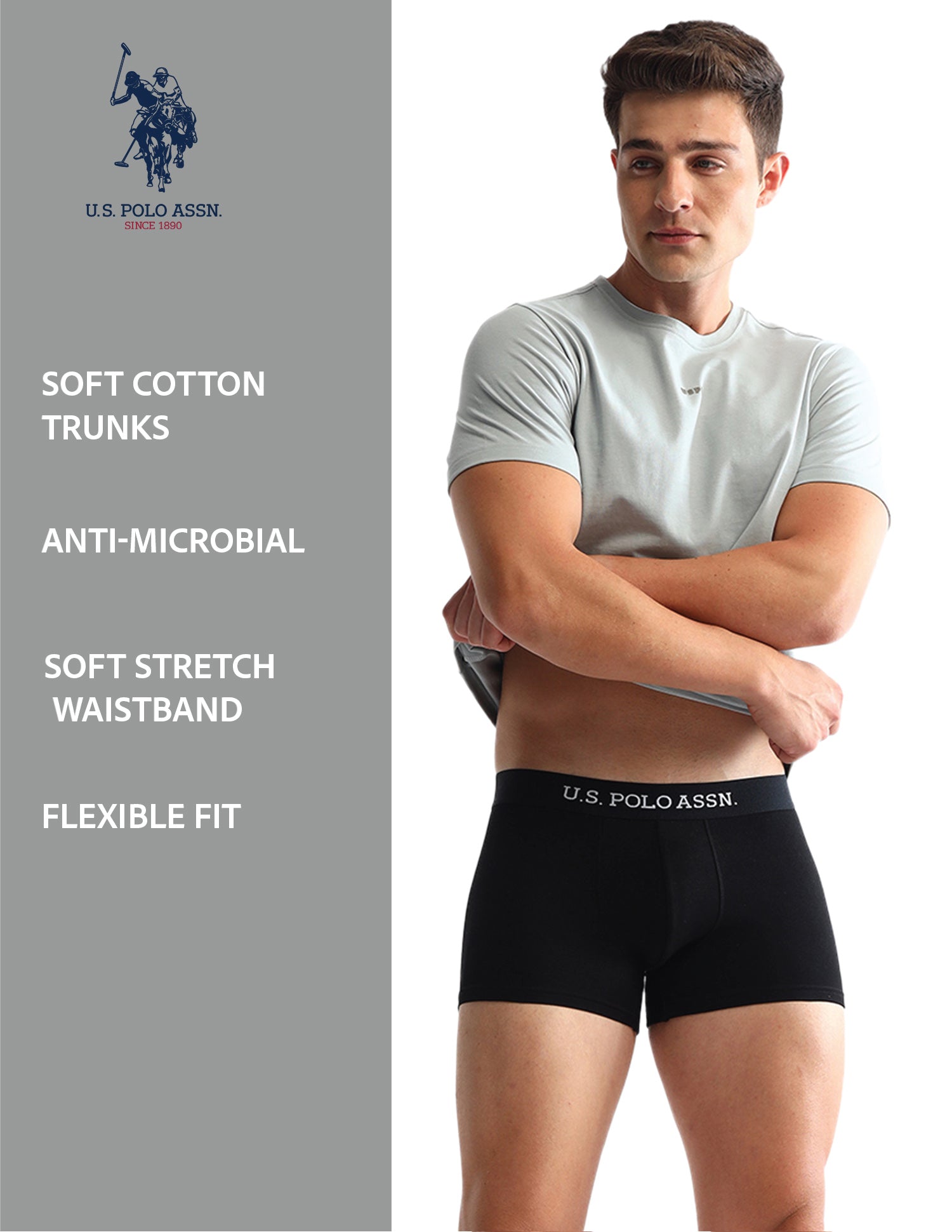 Anti Microbial Solid OET13 Trunks - Pack Of 3 Black, Rust and Grey Melange - U.S. POLO ASSN. | Large