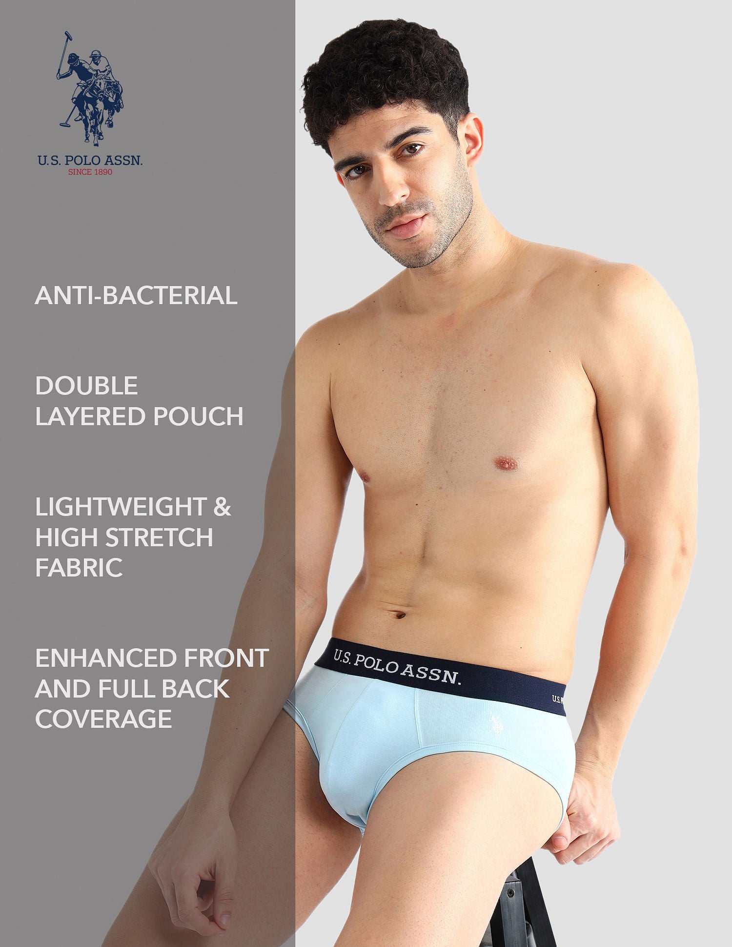 Elasticized Waist Solid OEB13 Briefs - Pack Of 3 Grey, Navyand Blue - U.S. POLO ASSN. | Large