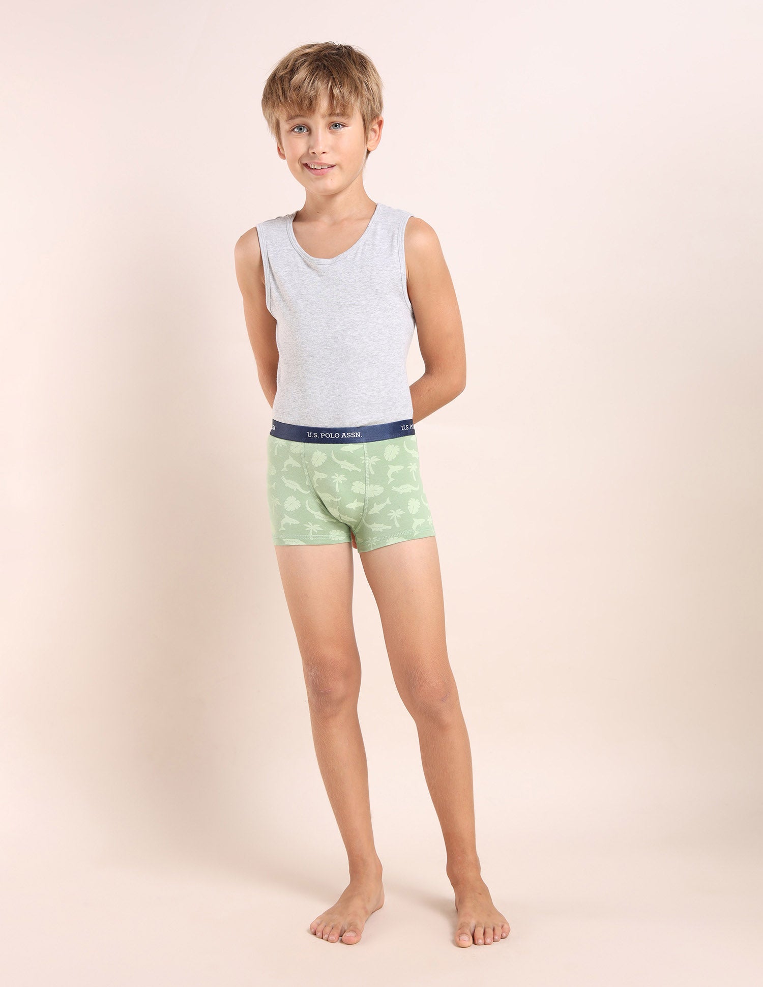 Boys Mid Rise Cotton Spandex Trunks - Pack Of 5 Grey, White, Green, Yellow and Green - U.S. POLO ASSN. | Large