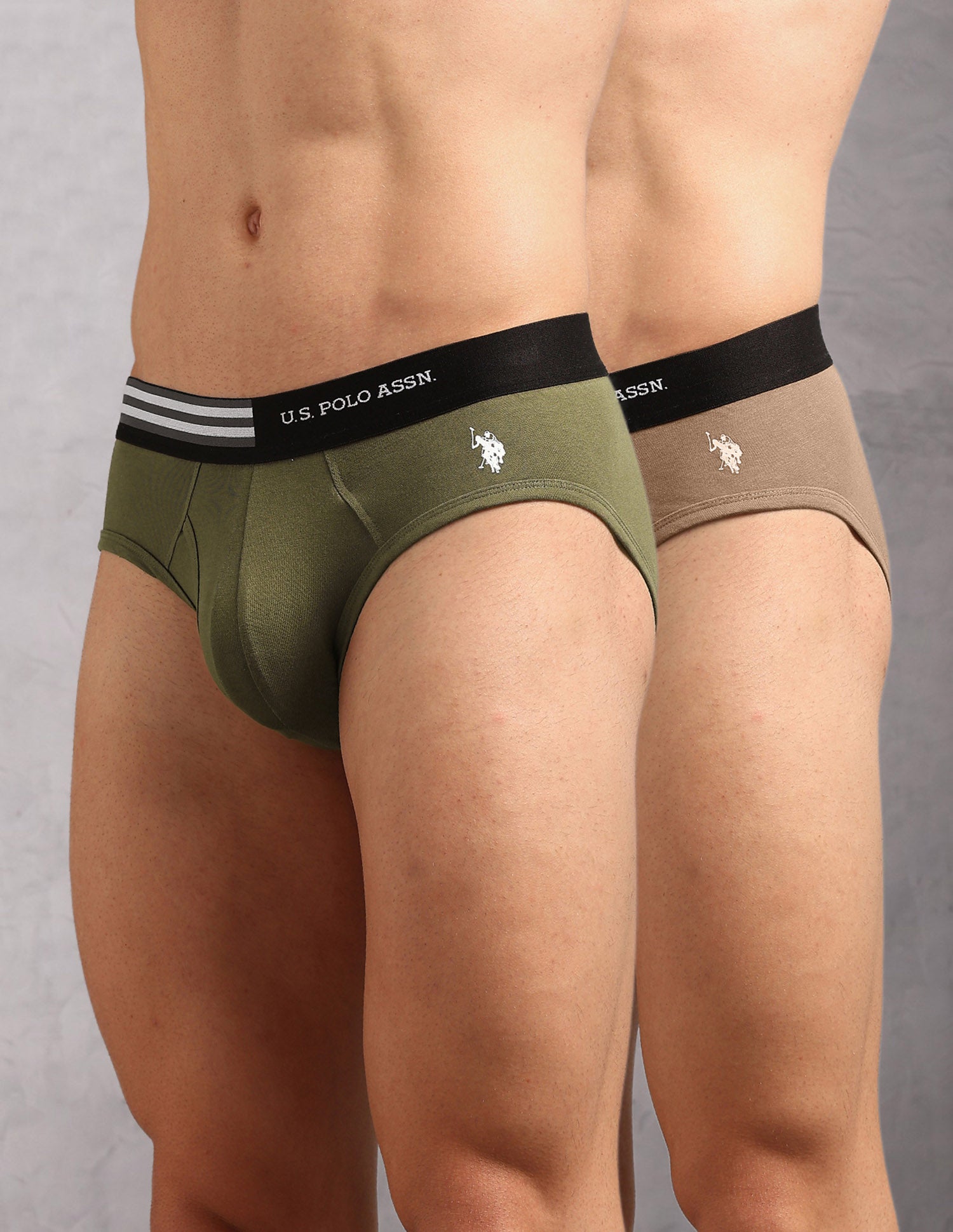 Striped Waistband OEB19 Briefs - Pack Of 2 Coco Creme and Dark Olive - U.S. Polo Assn. India | Large