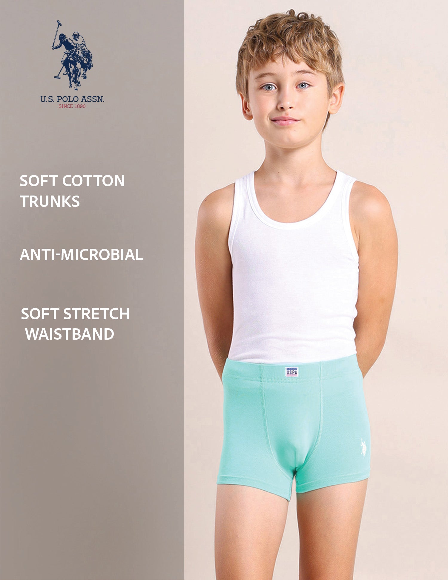 Boys Cotton Spandex Solid Trunks - Pack Of 3 Purple, Yellow and Green - U.S. POLO ASSN. | Large