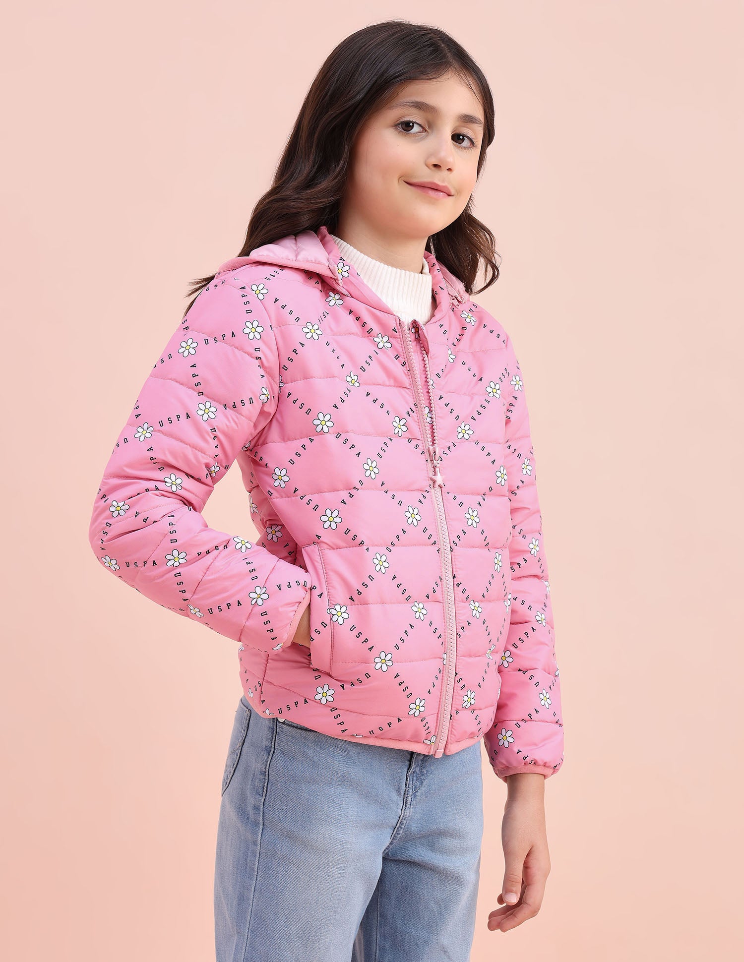 Floral Logo Printed Puffer Jacket Pink - U.S. POLO ASSN. | Large