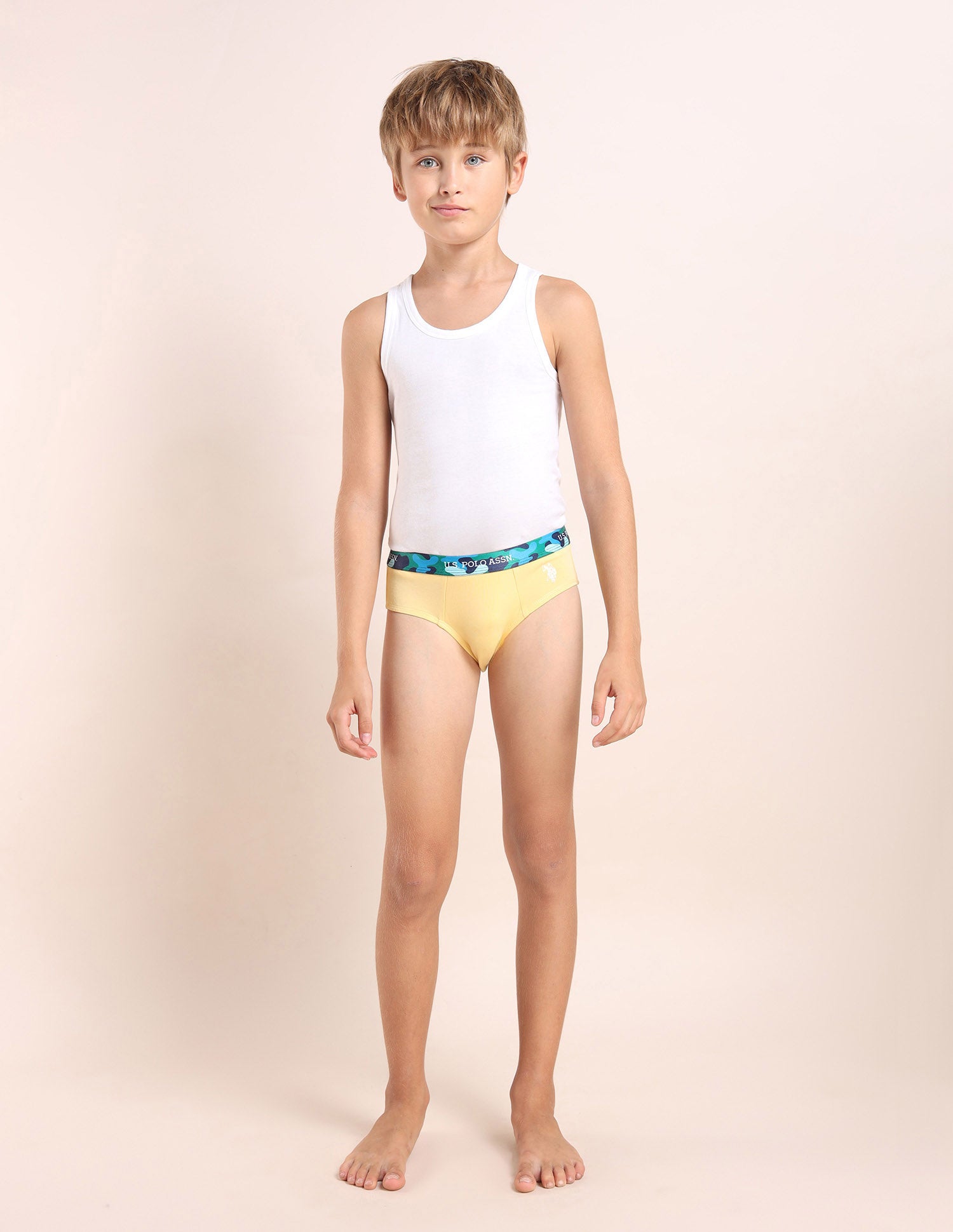Boys Cotton Spandex Solid Briefs - Pack Of 5 White, Green, Yellow, Purple and Blue - U.S. POLO ASSN. | Large