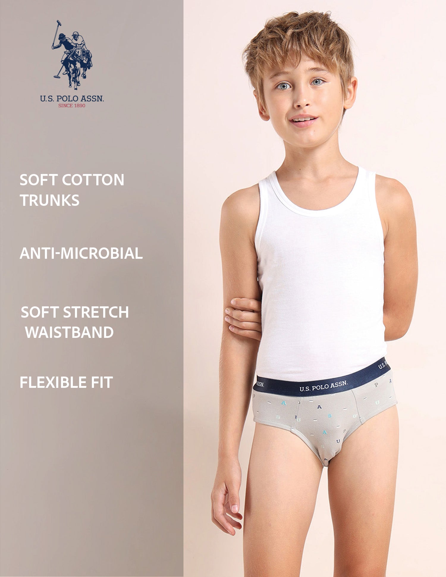 Boys Mid Rise Cotton Spandex Briefs - Pack Of 3 Grey, Blue and Green - U.S. POLO ASSN. | Large