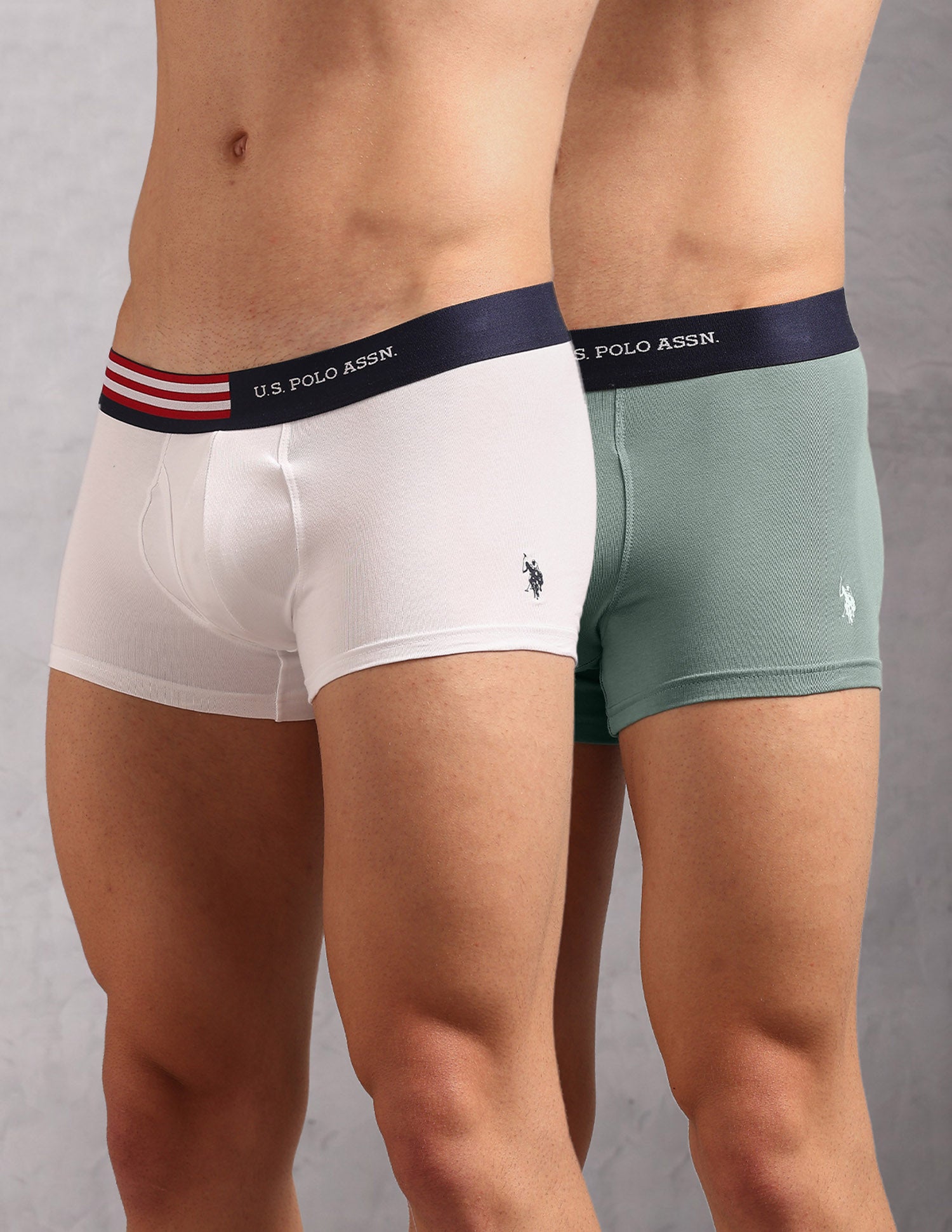 Striped Waistband OET19 Trunks - Pack Of 2 Uspa White and Chinon Green - U.S. Polo Assn. India | Large