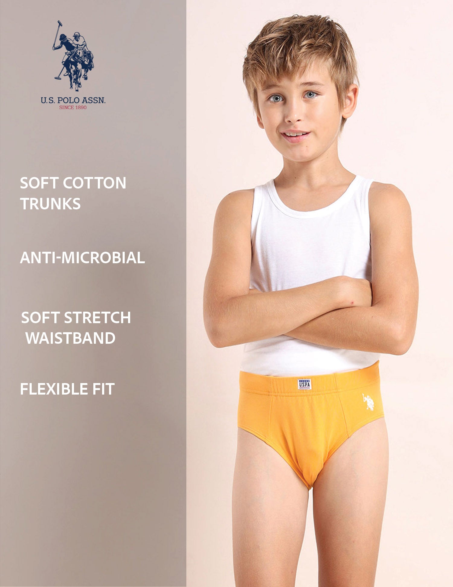 Boys Cotton Spandex Solid Briefs - Pack Of 3 Orange, Purple and Yellow - U.S. POLO ASSN. | Large