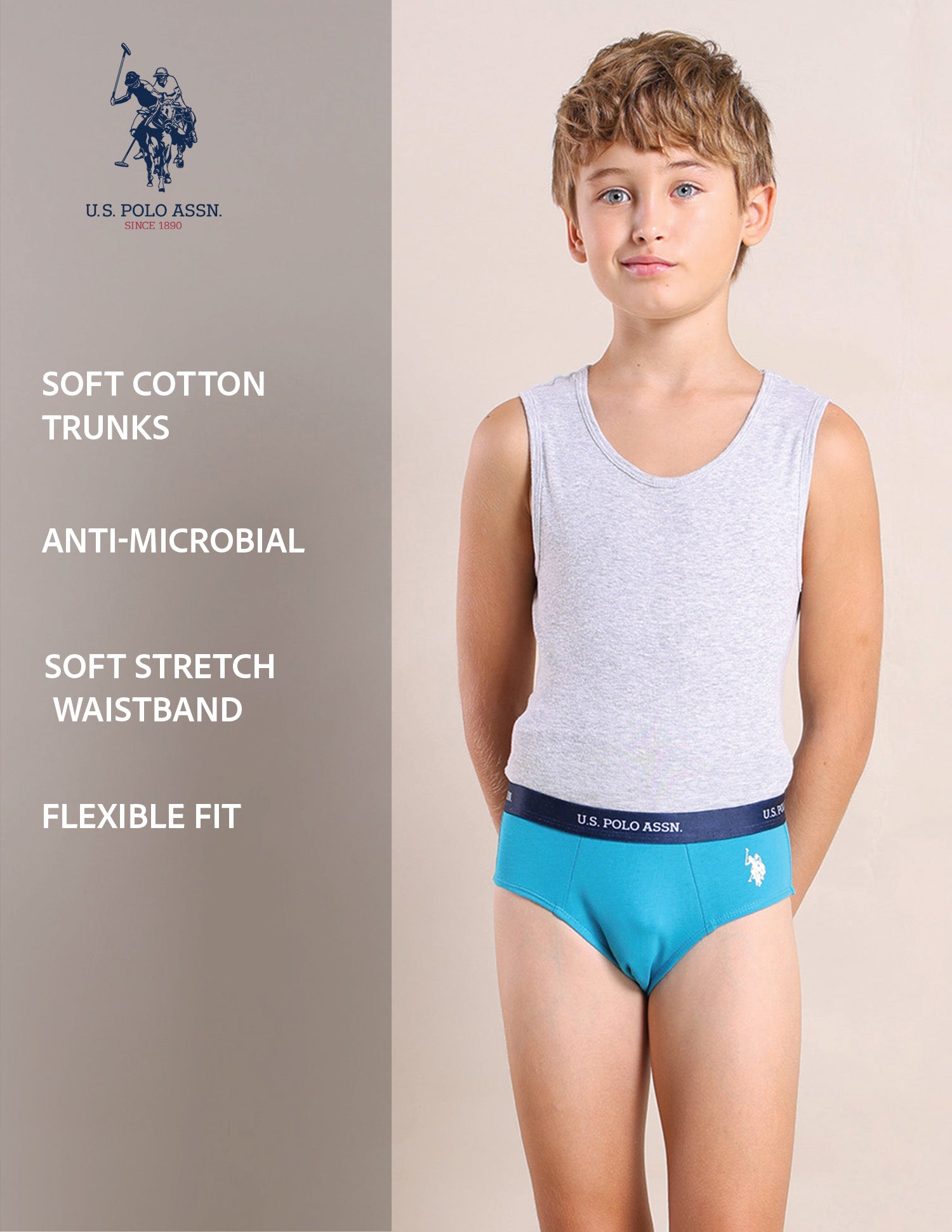 Boys Mid Rise Cotton Spandex Briefs - Pack Of 3 Green, Grey and Blue - U.S. POLO ASSN. | Large