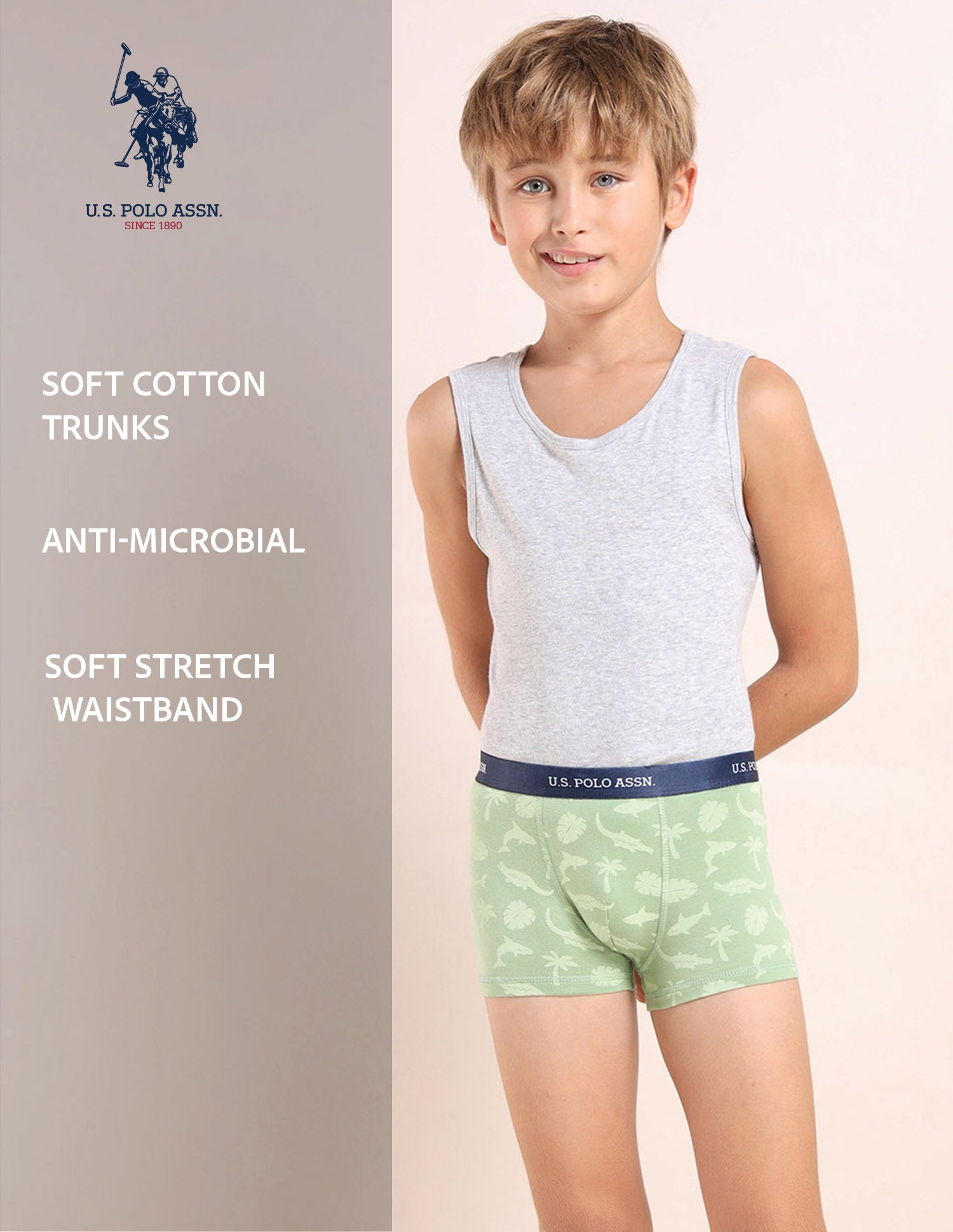 Boys Mid Rise Cotton Spandex Trunks - Pack Of 5 Green, White, Navy, Purple and Orange - U.S. POLO ASSN. | Large