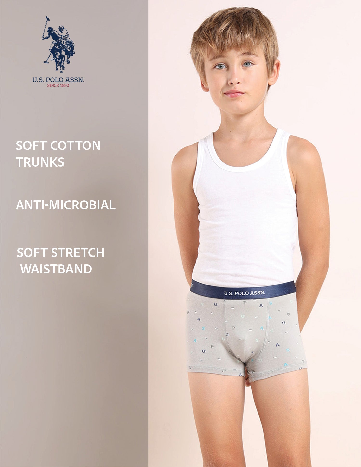 Boys Mid Rise Cotton Spandex Trunks - Pack Of 5 Blue, Navy, Grey, White and Blue - U.S. POLO ASSN. | Large