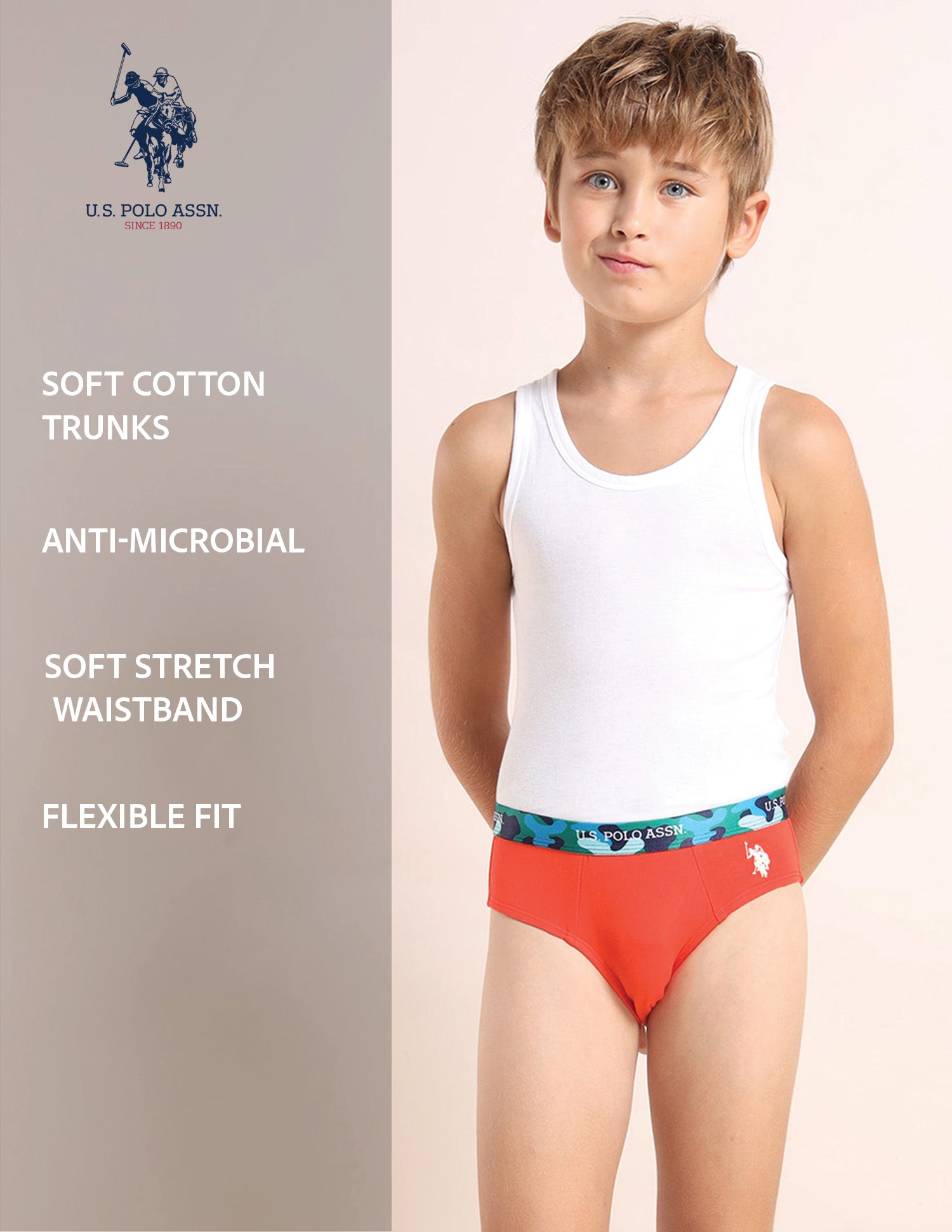 Boys Cotton Spandex Solid Briefs - Pack Of 5 Red, Green, Lemon, Puprle and Blue - U.S. POLO ASSN. | Large