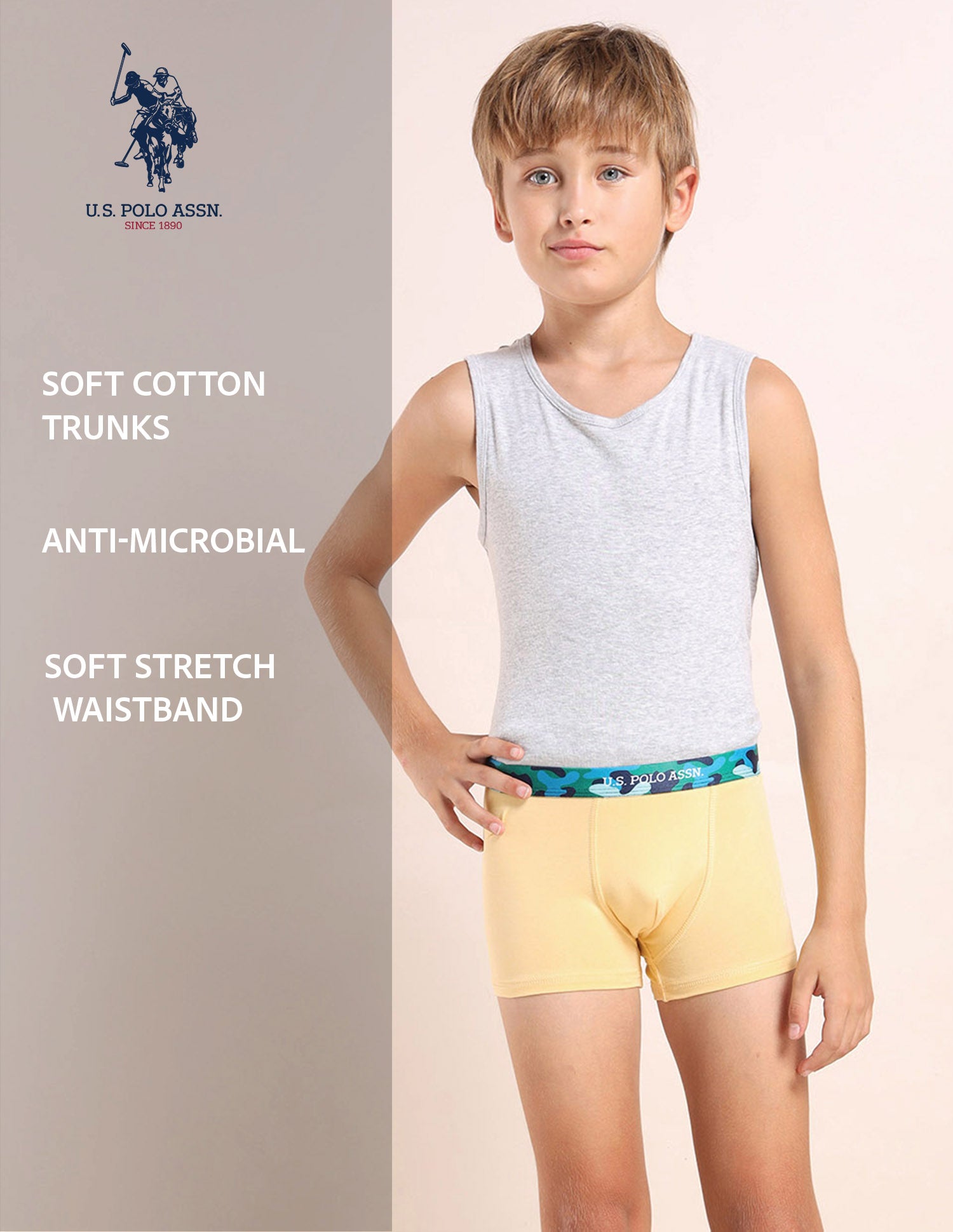 Boys Mid Rise Cotton Spandex Trunks - Pack Of 5 Grey, White, Green, Yellow and Green - U.S. POLO ASSN. | Large