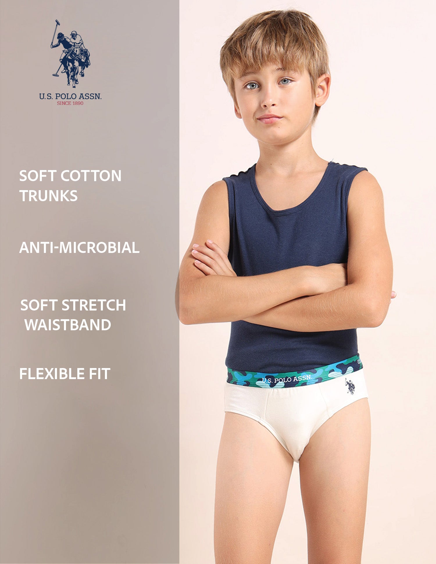 Boys Cotton Spandex Solid Briefs - Pack Of 5 White, Green, Yellow, Purple and Blue - U.S. POLO ASSN. | Large