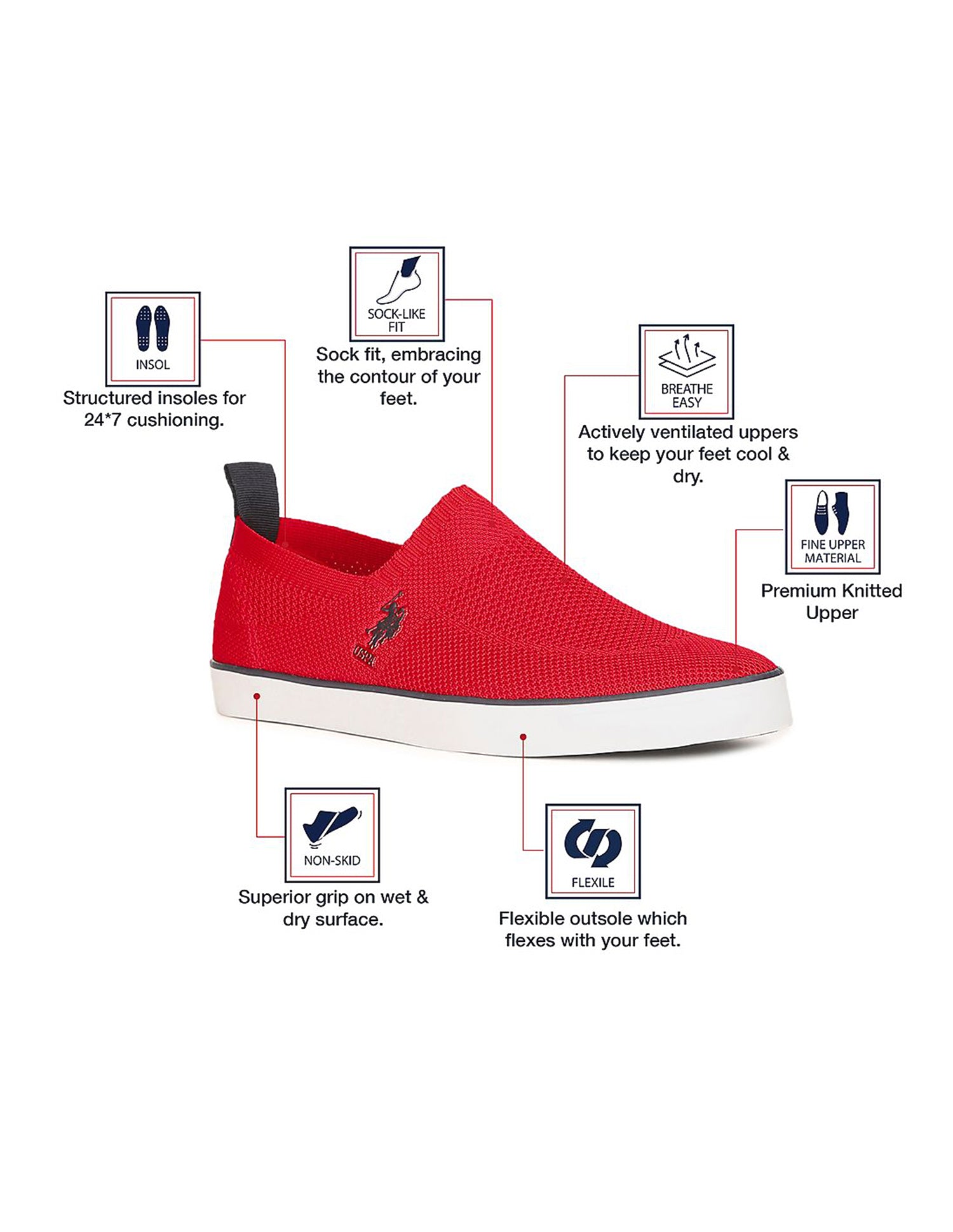 Men Low Top Premium Knit Octavia Slip On Shoes Red - U.S. Polo Assn. India | Large
