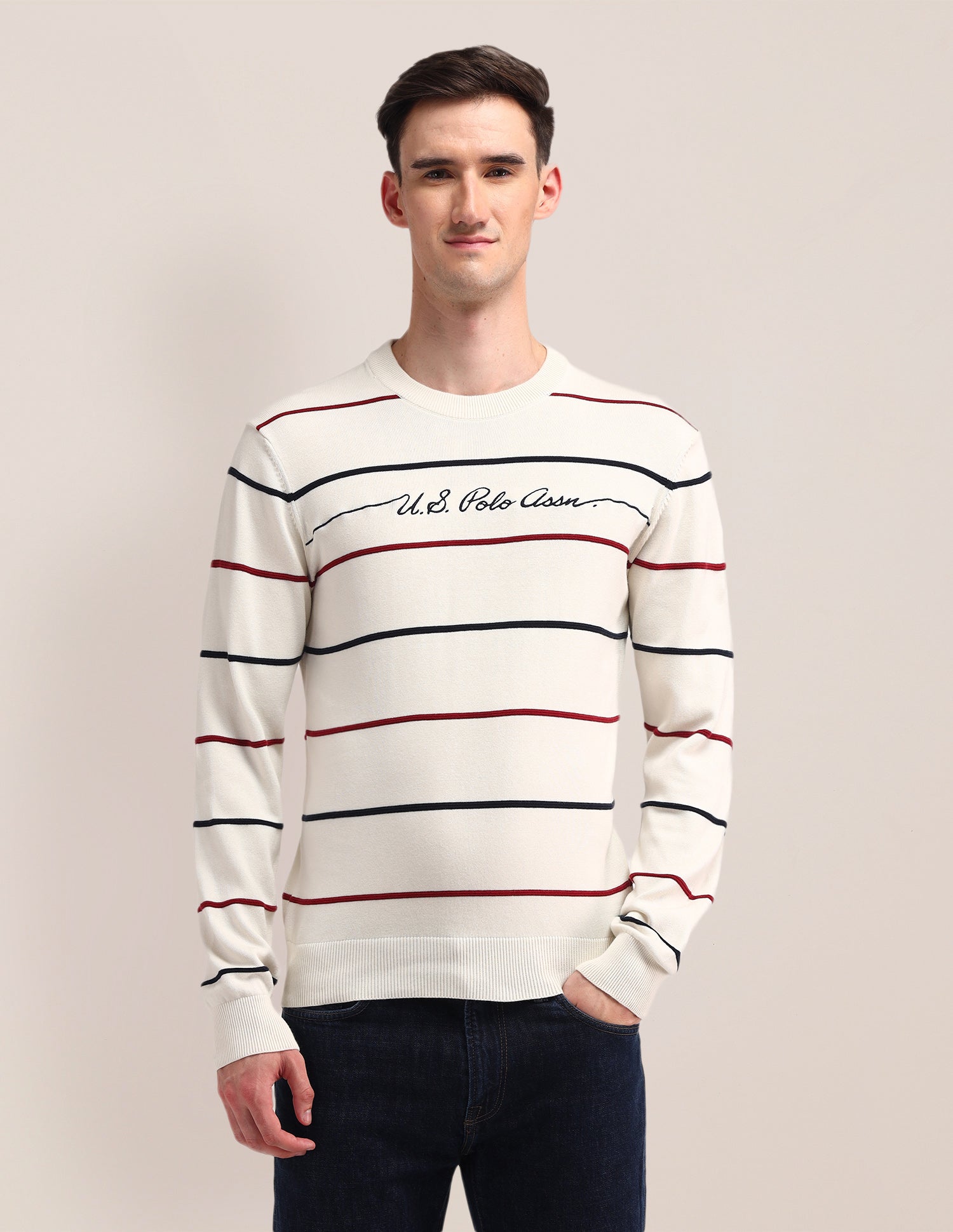 Crew Neck Horizontal Striped Sweater Off White - U.S. POLO ASSN. | Large