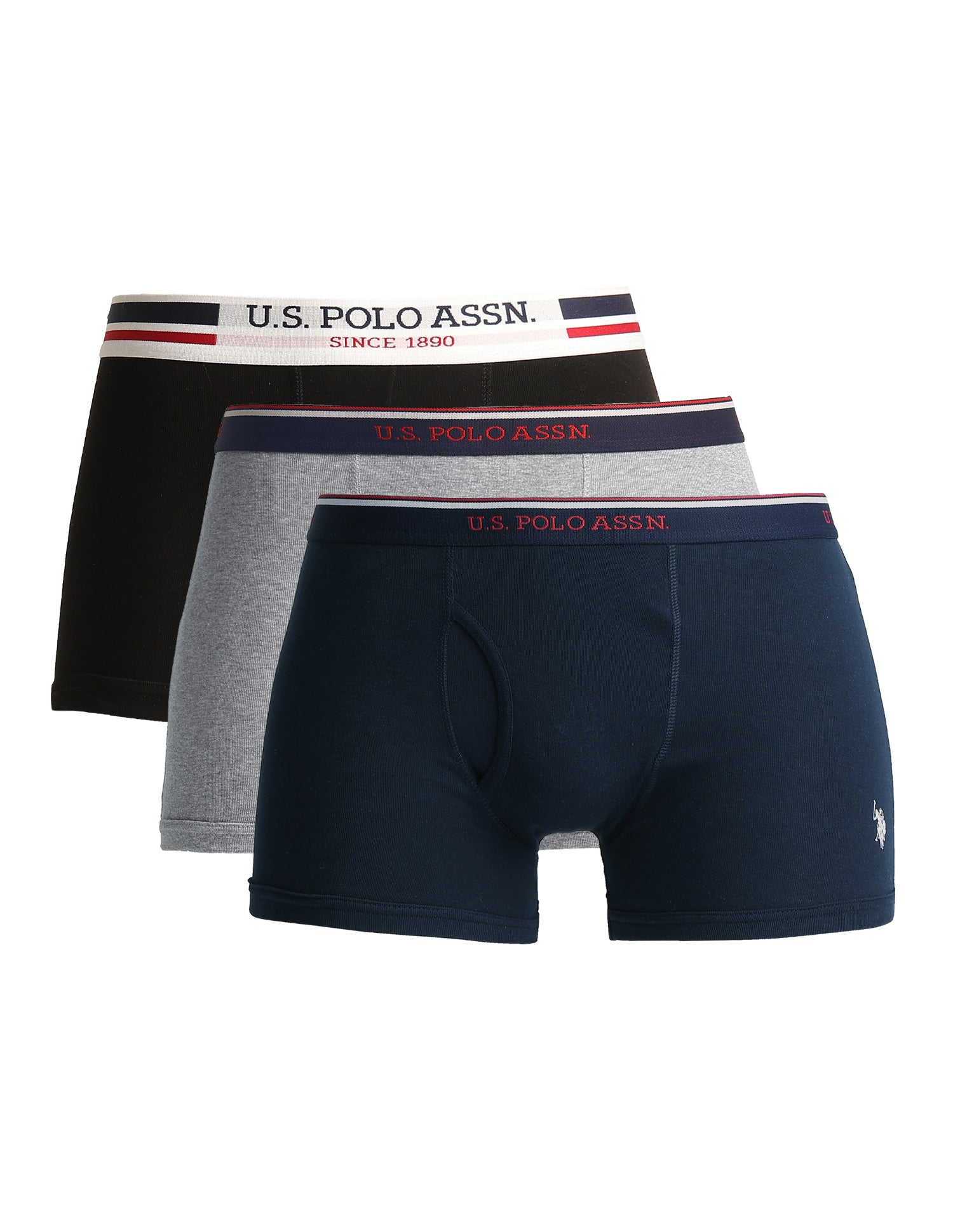 Mid Rise Solid 1667 Trunks - Pack Of 3 Black, Grey Melange and Navy - U.S. Polo Assn. India | Large