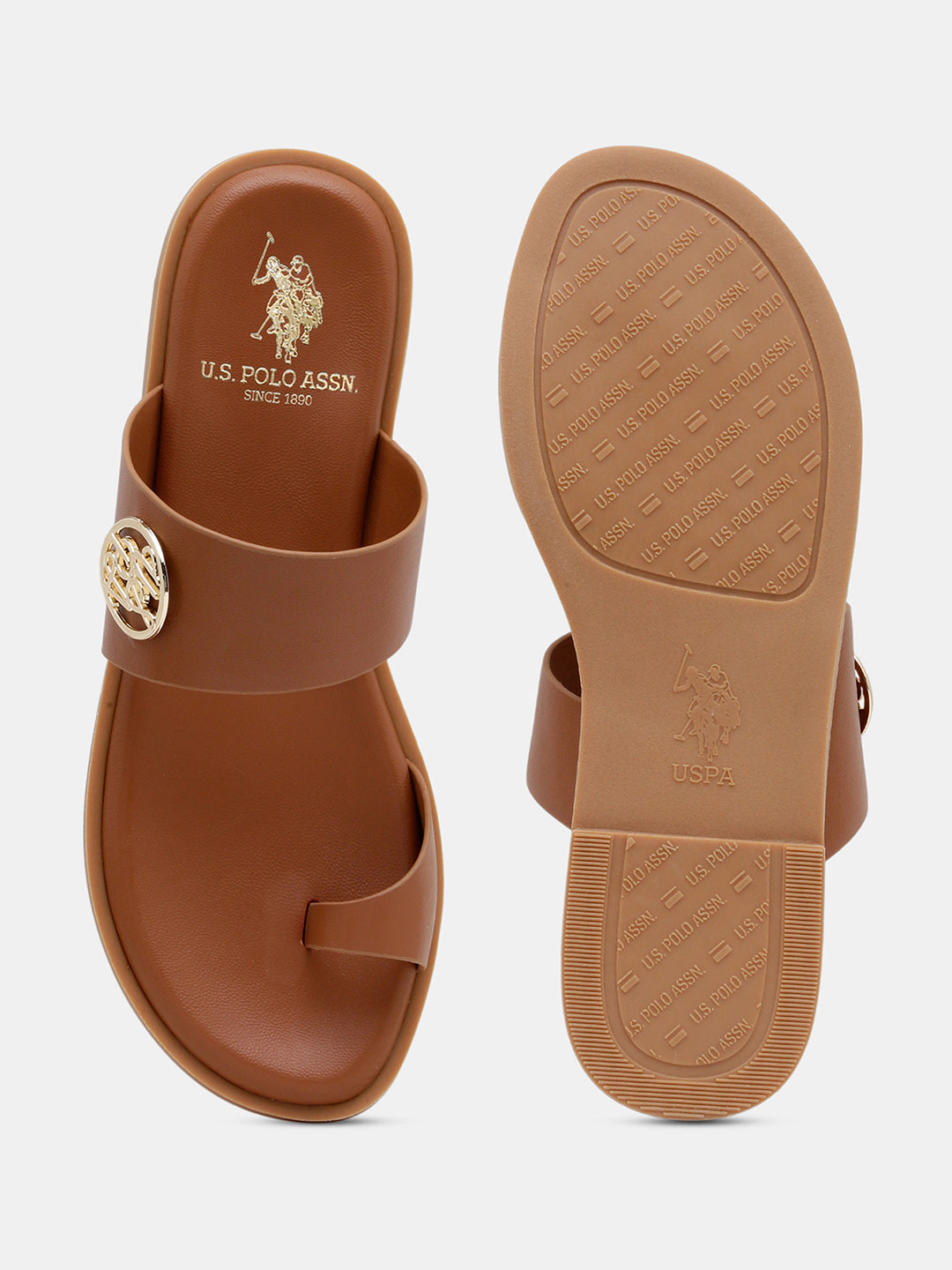 Women Slip On Astrel Sandals with Gold Hardware Tan - U.S. Polo Assn. India | Large