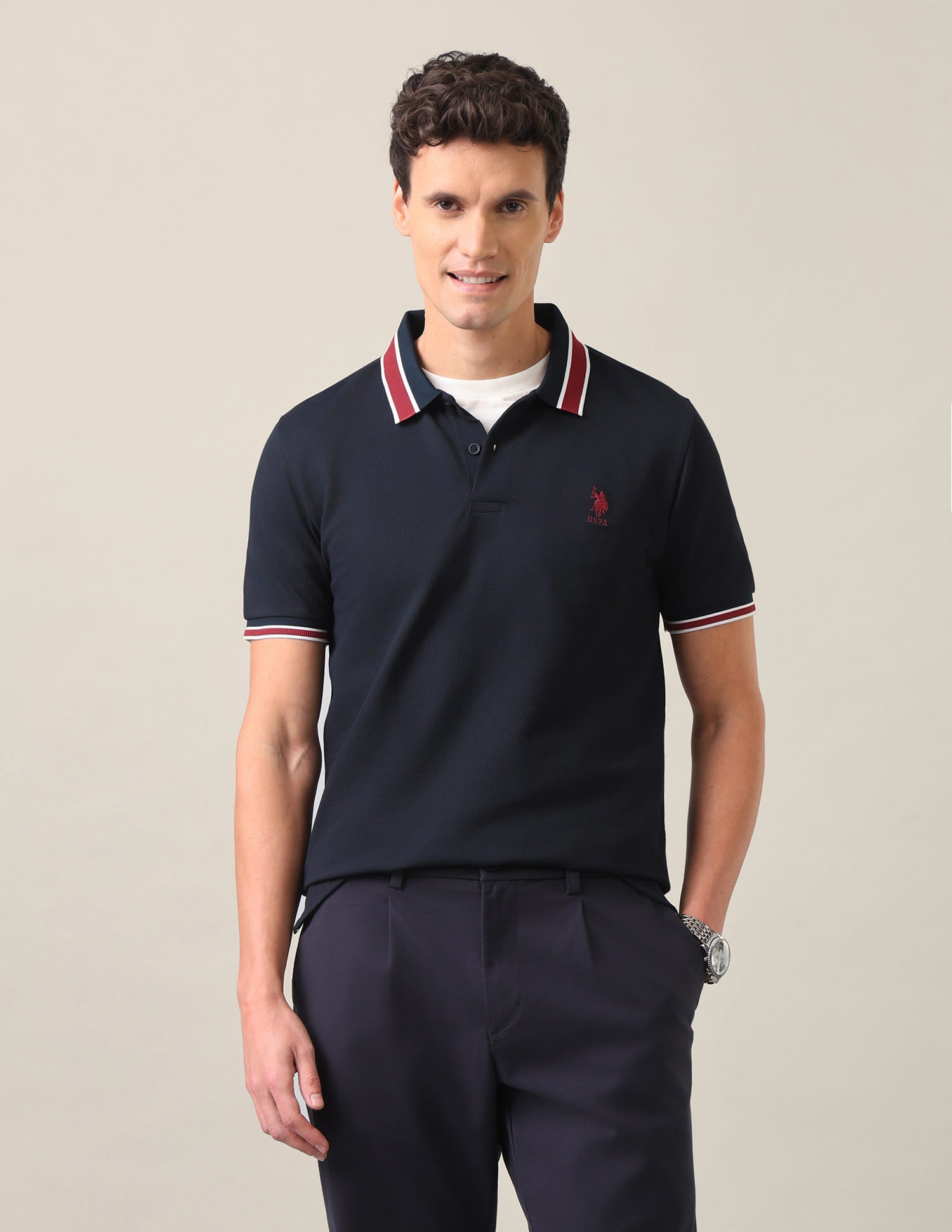 Solid Slim Fit Polo Shirt Navy Blue - U.S. Polo Assn. India | Large