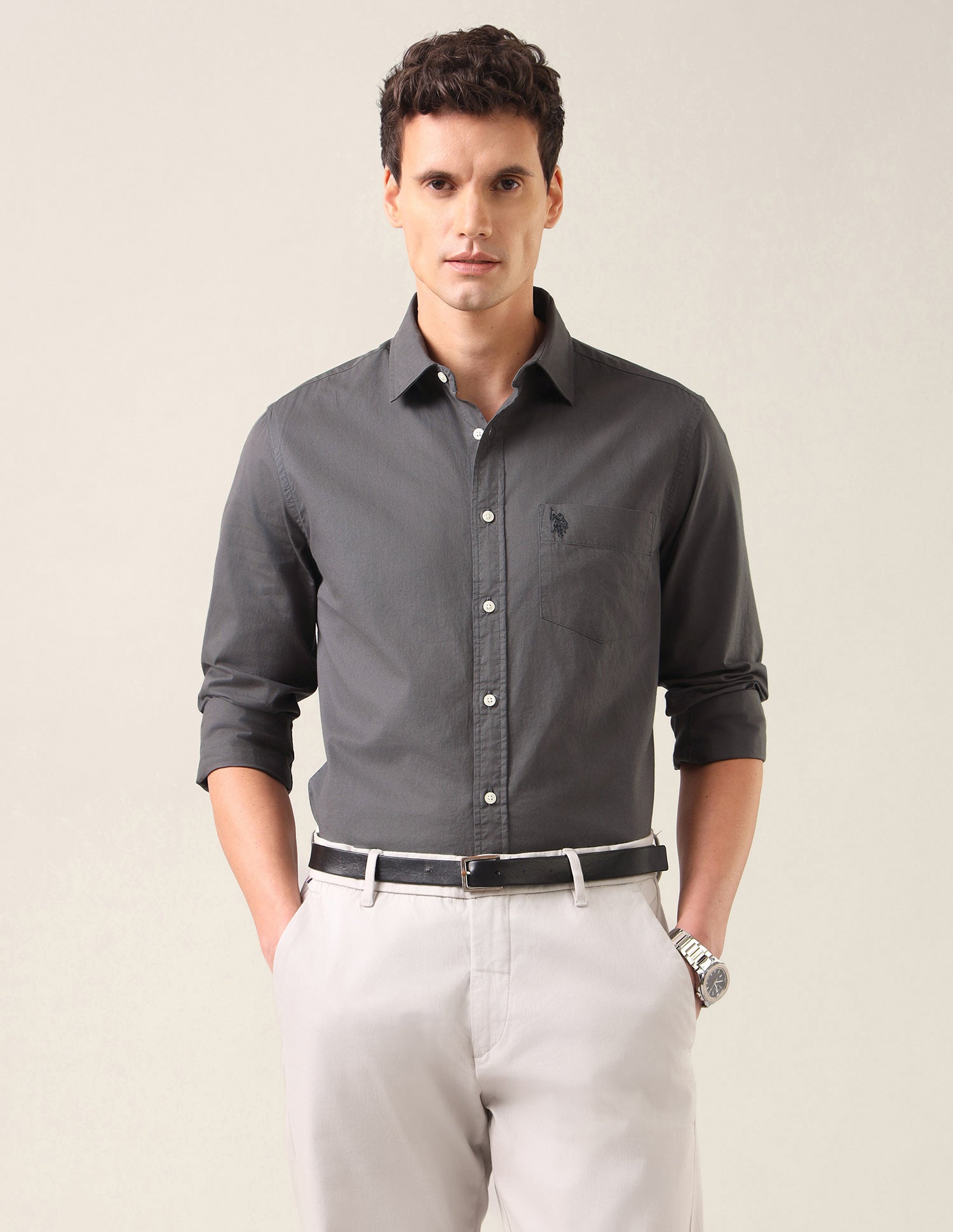 Twill Tailored Fit Shirt Mid Grey - U.S. Polo Assn. India | Large