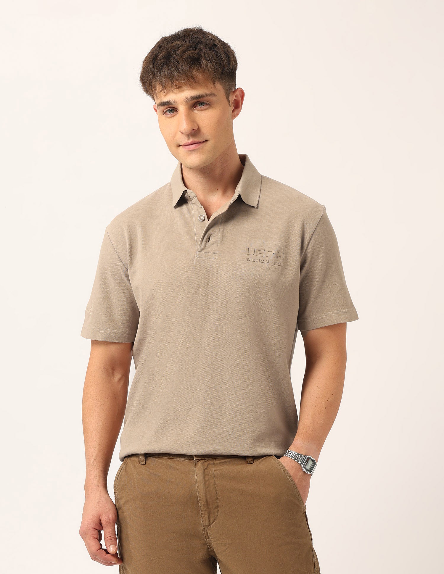 Solid Relaxed Fit Polo Shirt Beige - U.S. Polo Assn. India | Large