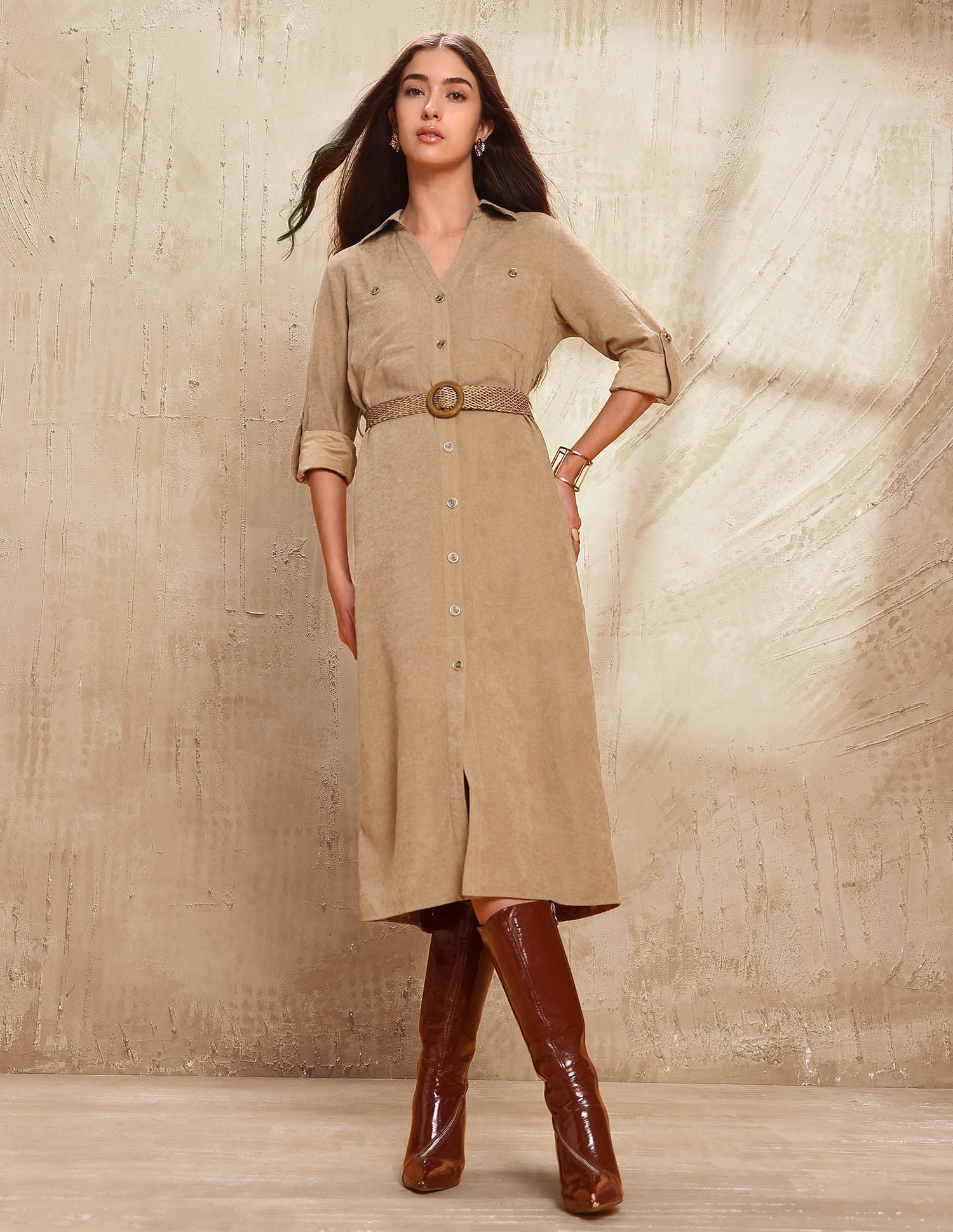 Solid Midi Shirt Dress