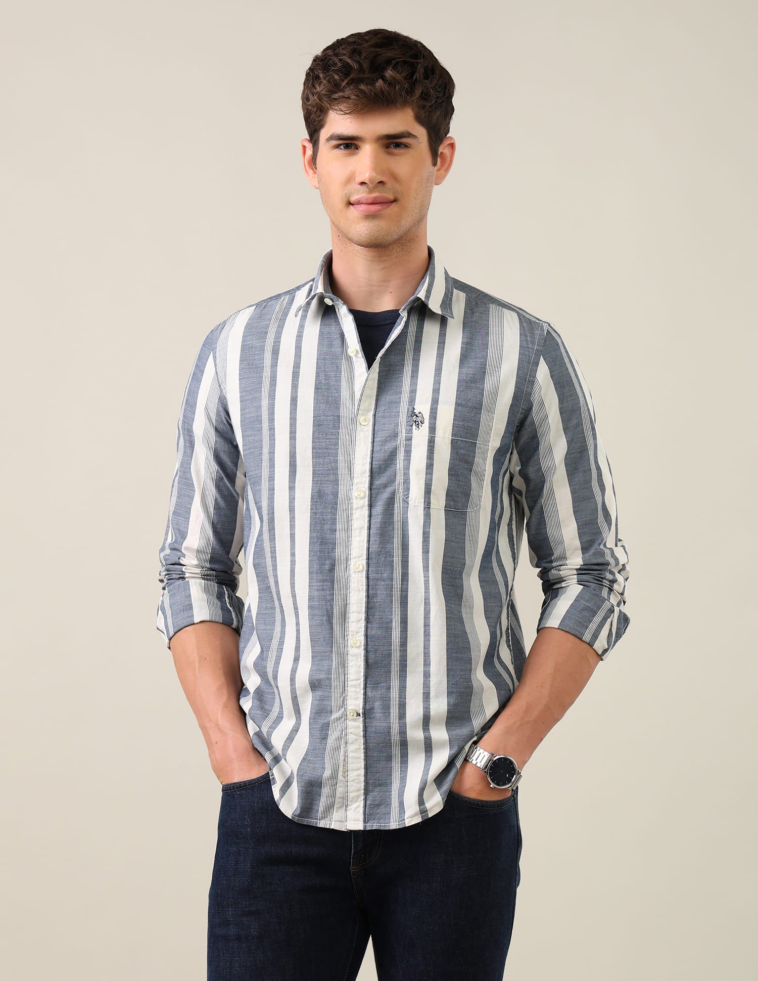 Vertical Striped Regular Fit Shirt Blue - U.S. Polo Assn. India | Large