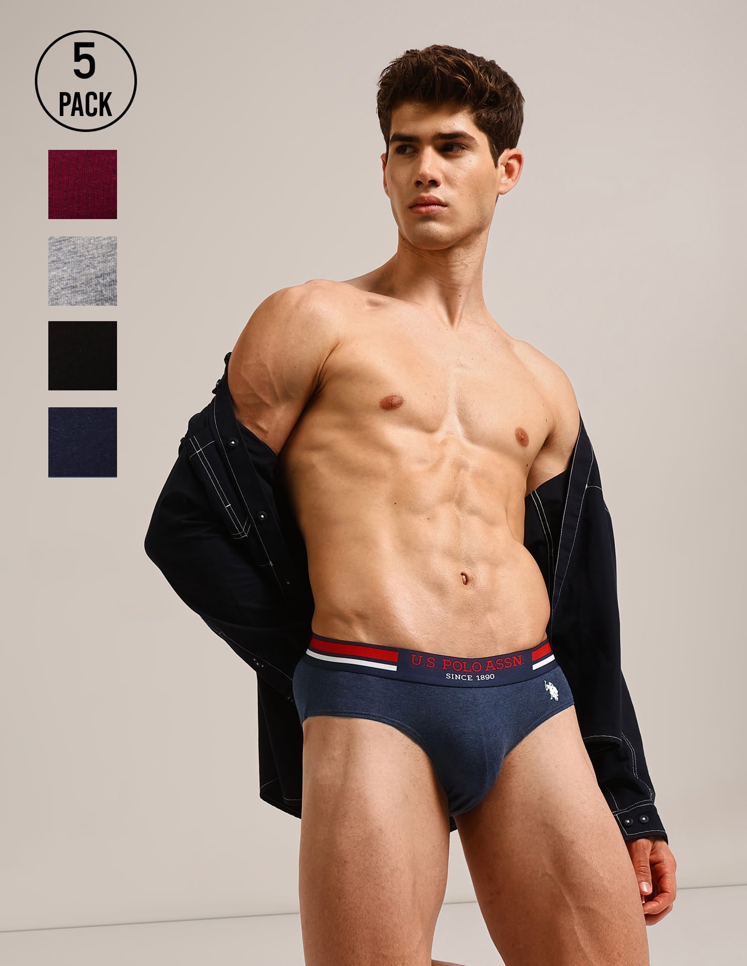 Solid Cotton I006-P5 Briefs - Pack Of 5 Multi-colour - U.S. Polo Assn. India | Large