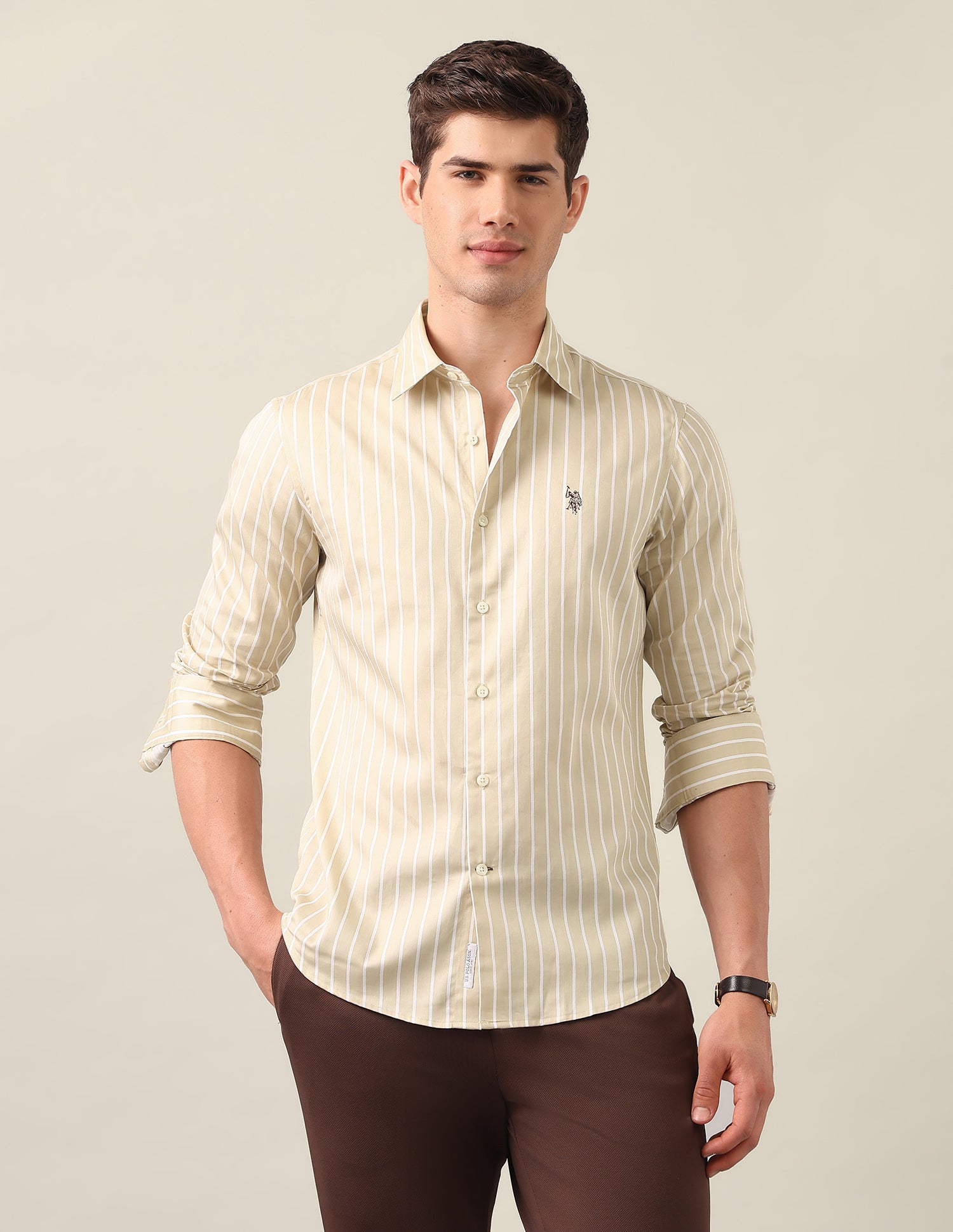 Vertical Striped Satin Shirt Khaki - U.S. Polo Assn. India | Large