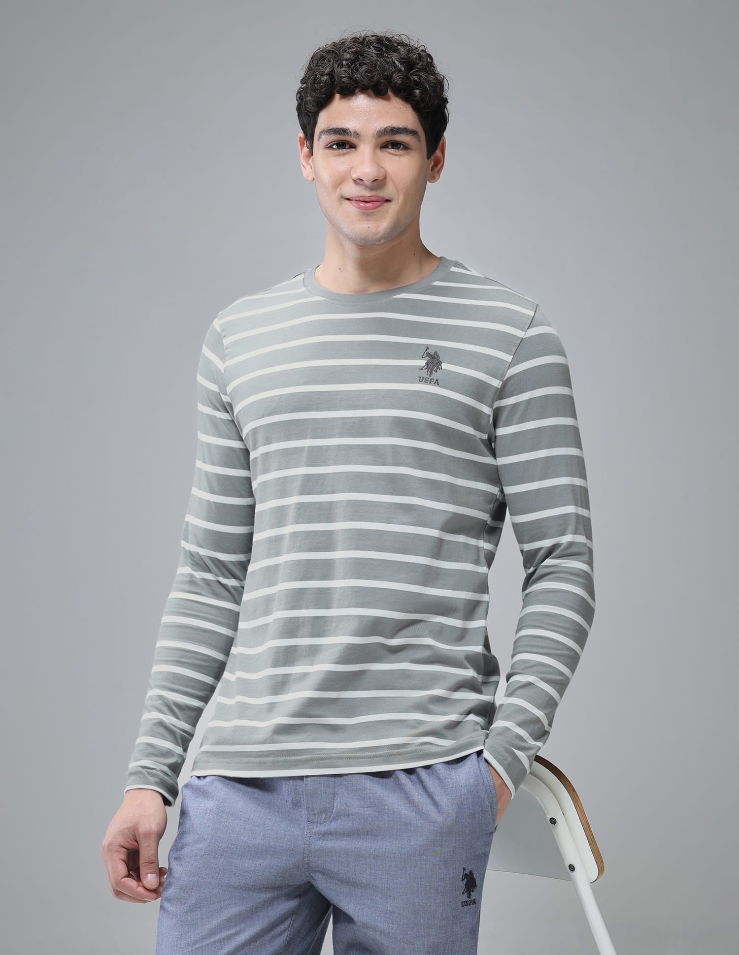Horizontal Striped Pure Cotton I689 Lounge T-Shirt - Pack Of 1 Ghost Grey / White - U.S. Polo Assn. India | Large