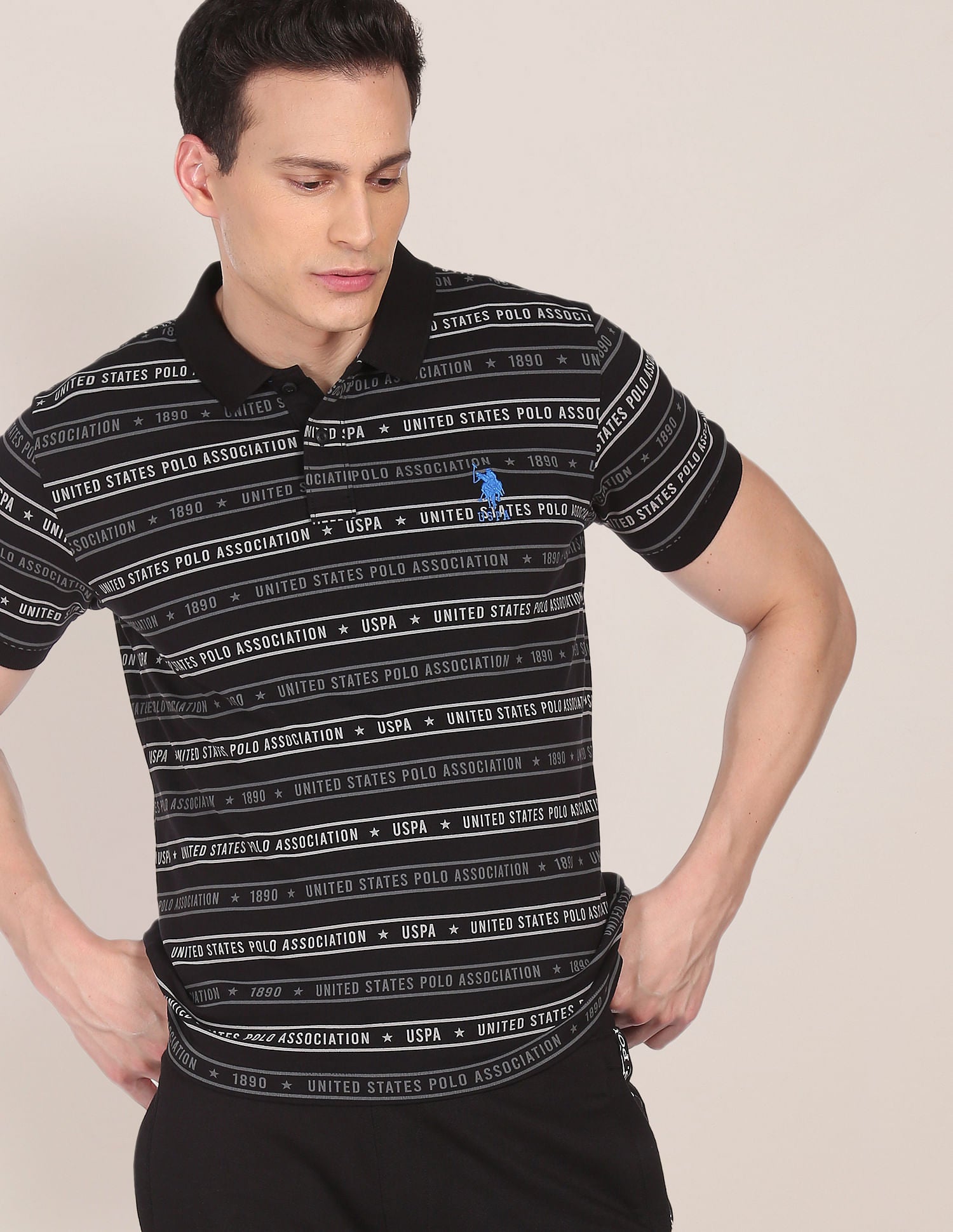 Ribbed Collar All Over Print Polo Shirt Black - U.S. Polo Assn. India | Large