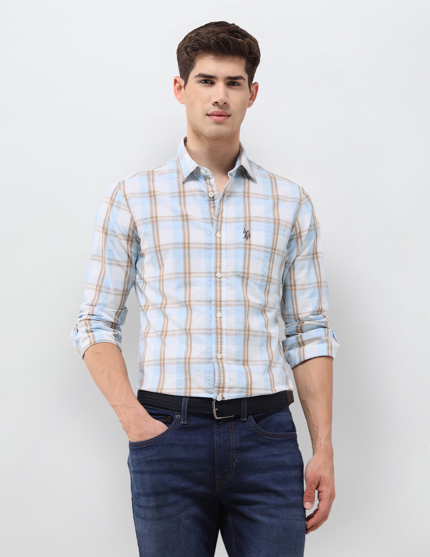 Tartan Checked Seersucker Shirt Light Brown - U.S. Polo Assn. India | Large