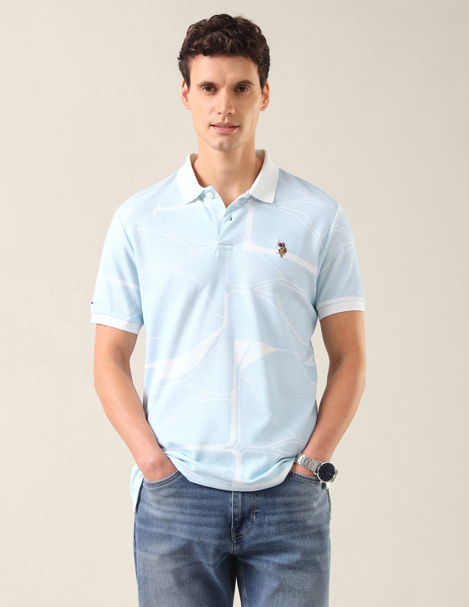 Abstract Printed Slim Fit Polo Shirt Light Blue - U.S. Polo Assn. India | Large
