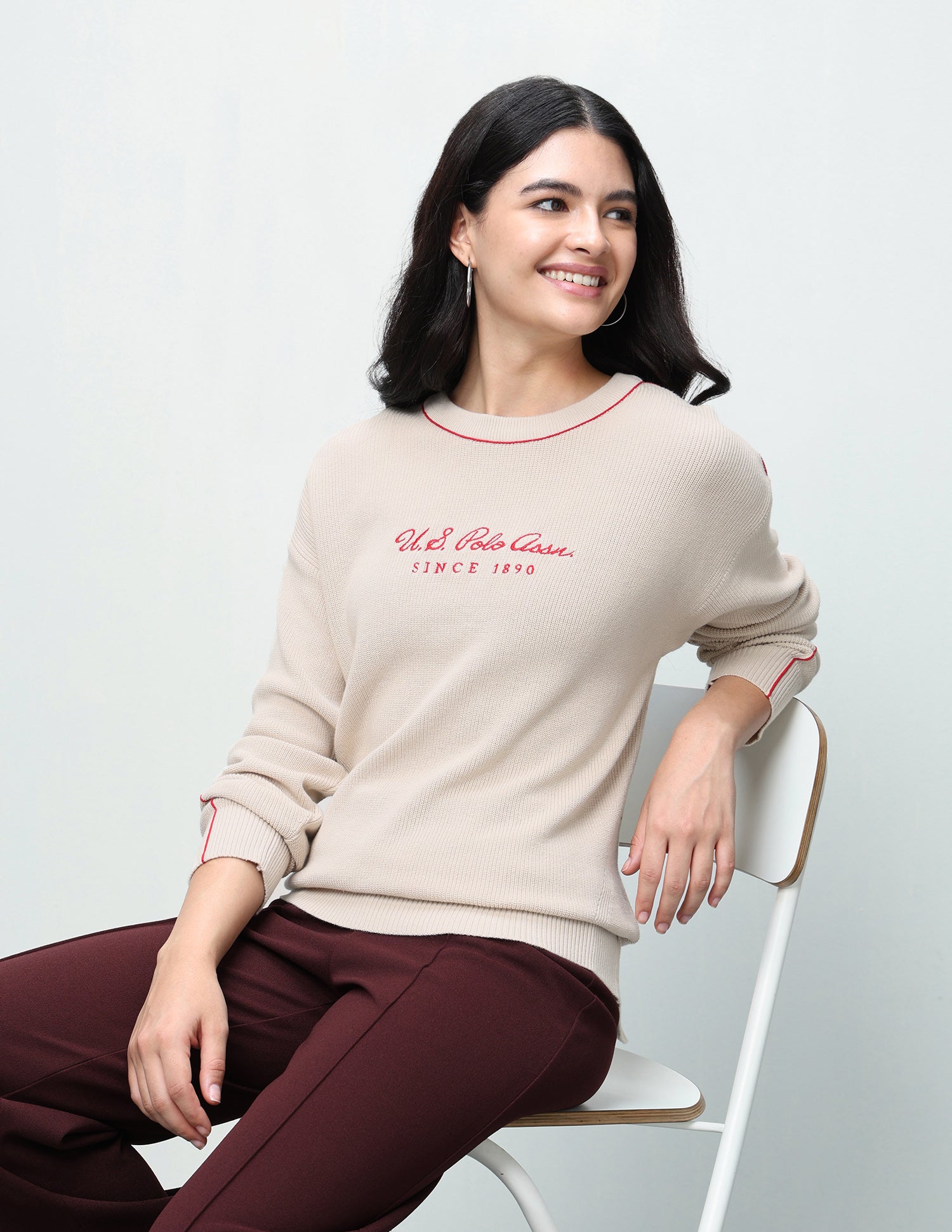 Brand Embroidered Regular Fit Sweater Ecru - U.S. Polo Assn. India | Large