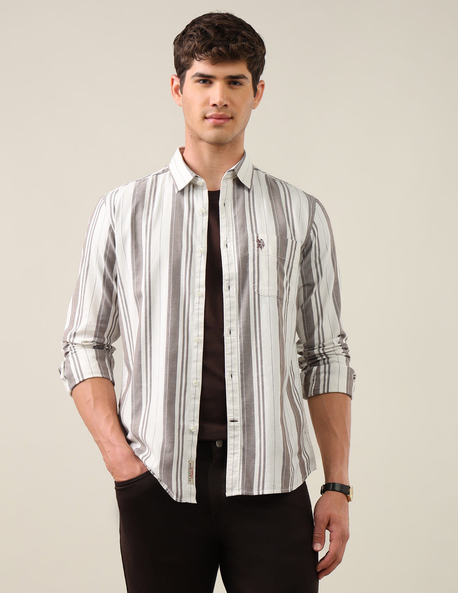 Vertical Striped Regular Fit Shirt Brown - U.S. Polo Assn. India | Large