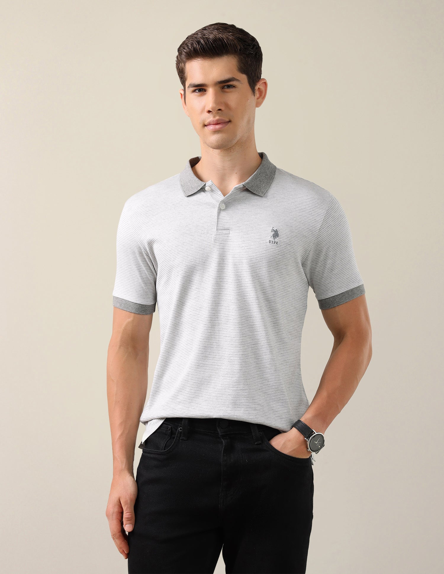 Textured Slim Fit Polo Shirt Light Grey - U.S. Polo Assn. India | Large
