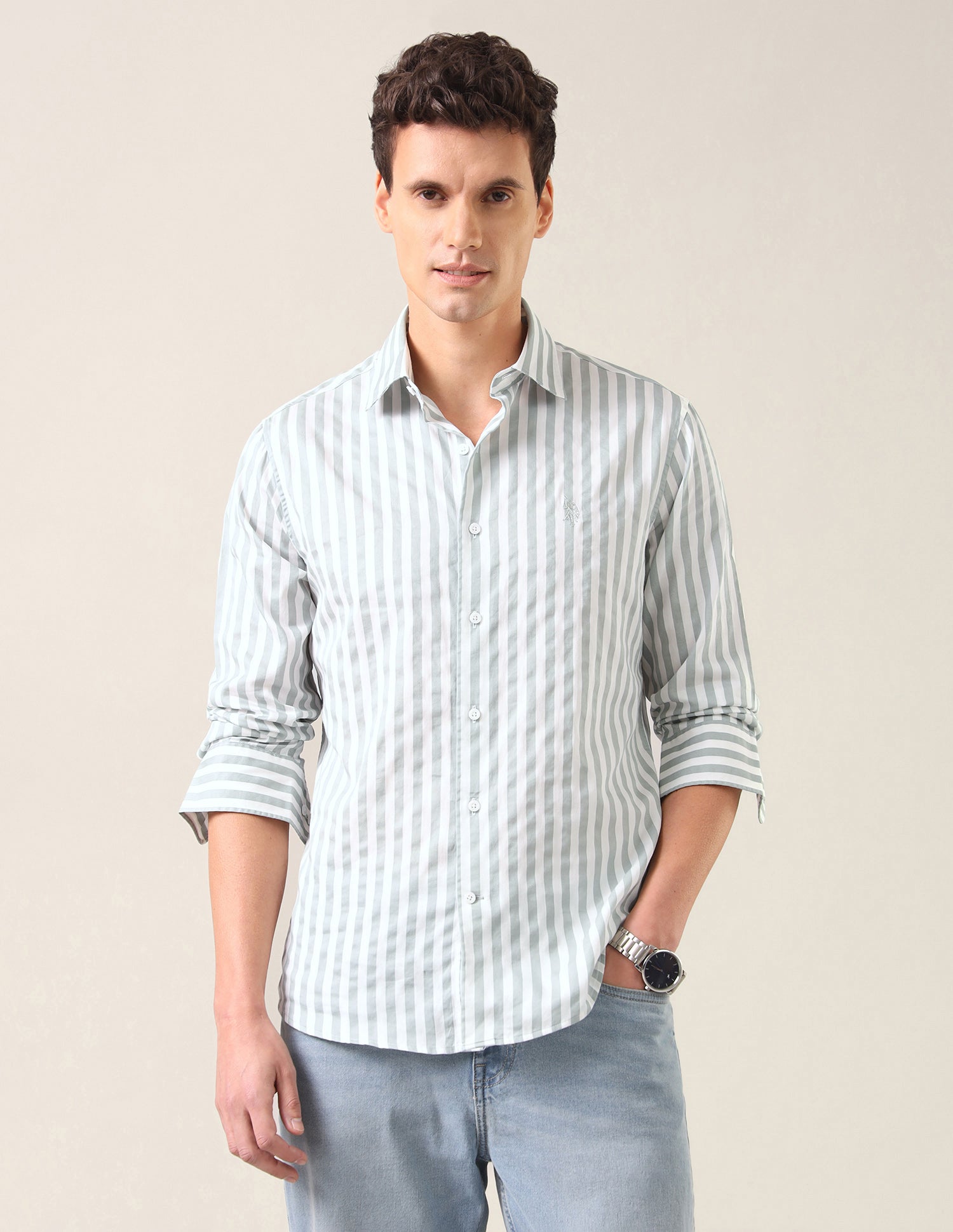 Vertical Striped Satin Shirt Light Green - U.S. Polo Assn. India | Large