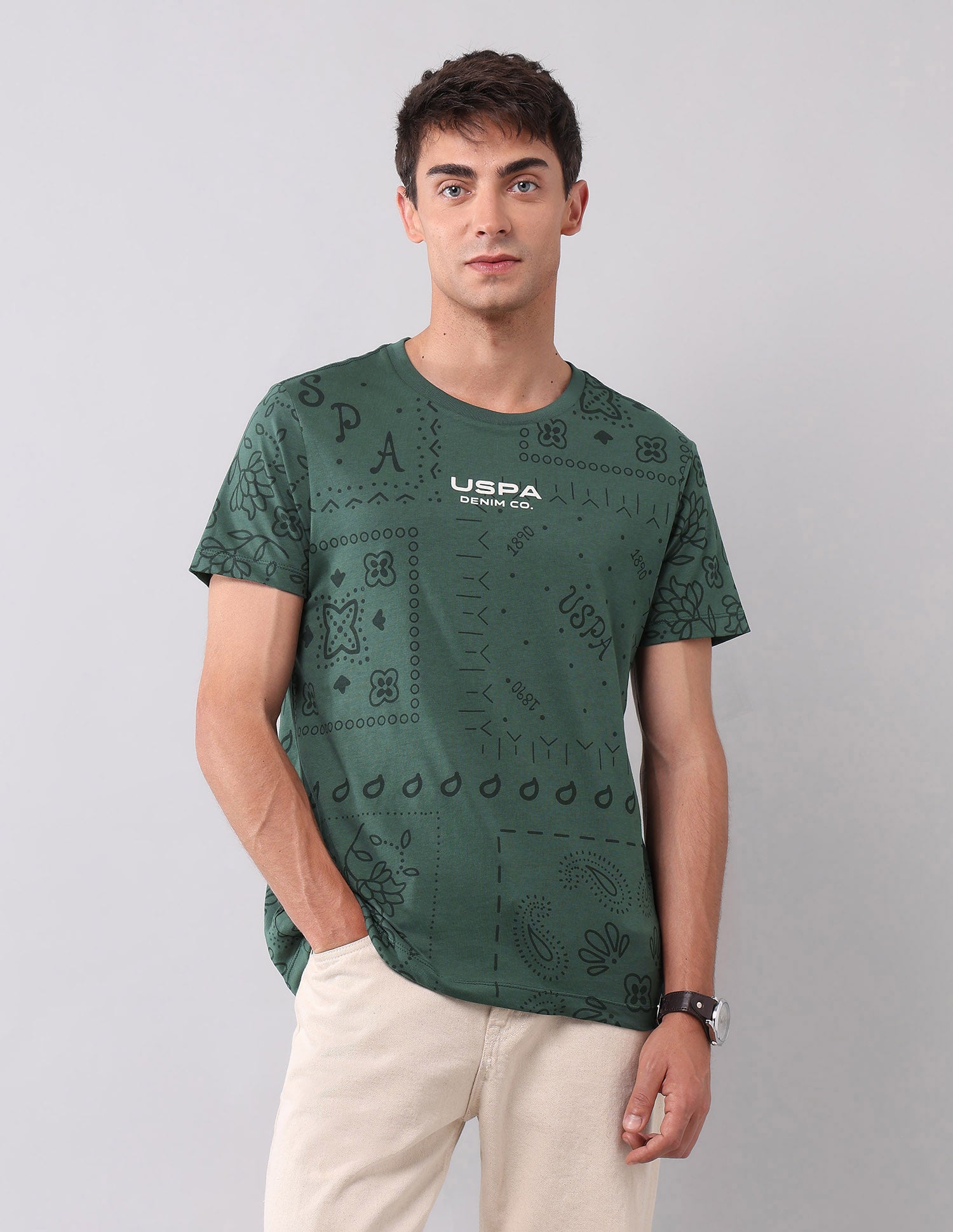 All Over Printed Pure Cotton T-Shirt Olive - U.S. Polo Assn. India | Large