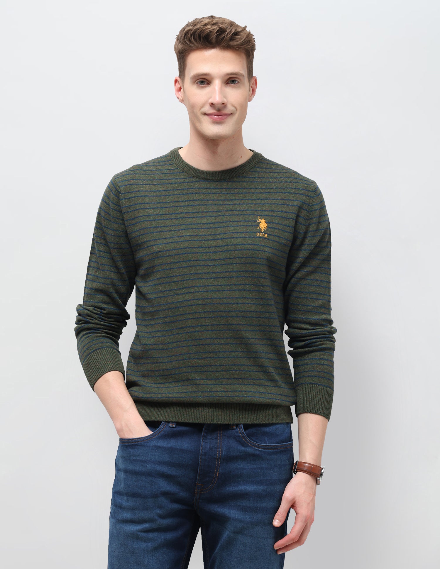 Horizontal Striped Regular Fit Sweater Olive - U.S. Polo Assn. India | Large