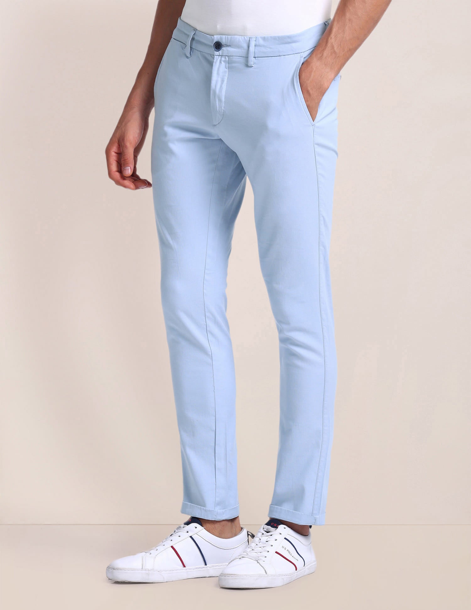 Slim Straight Fit Dobby Trousers Light Blue - U.S. Polo Assn. India | Large