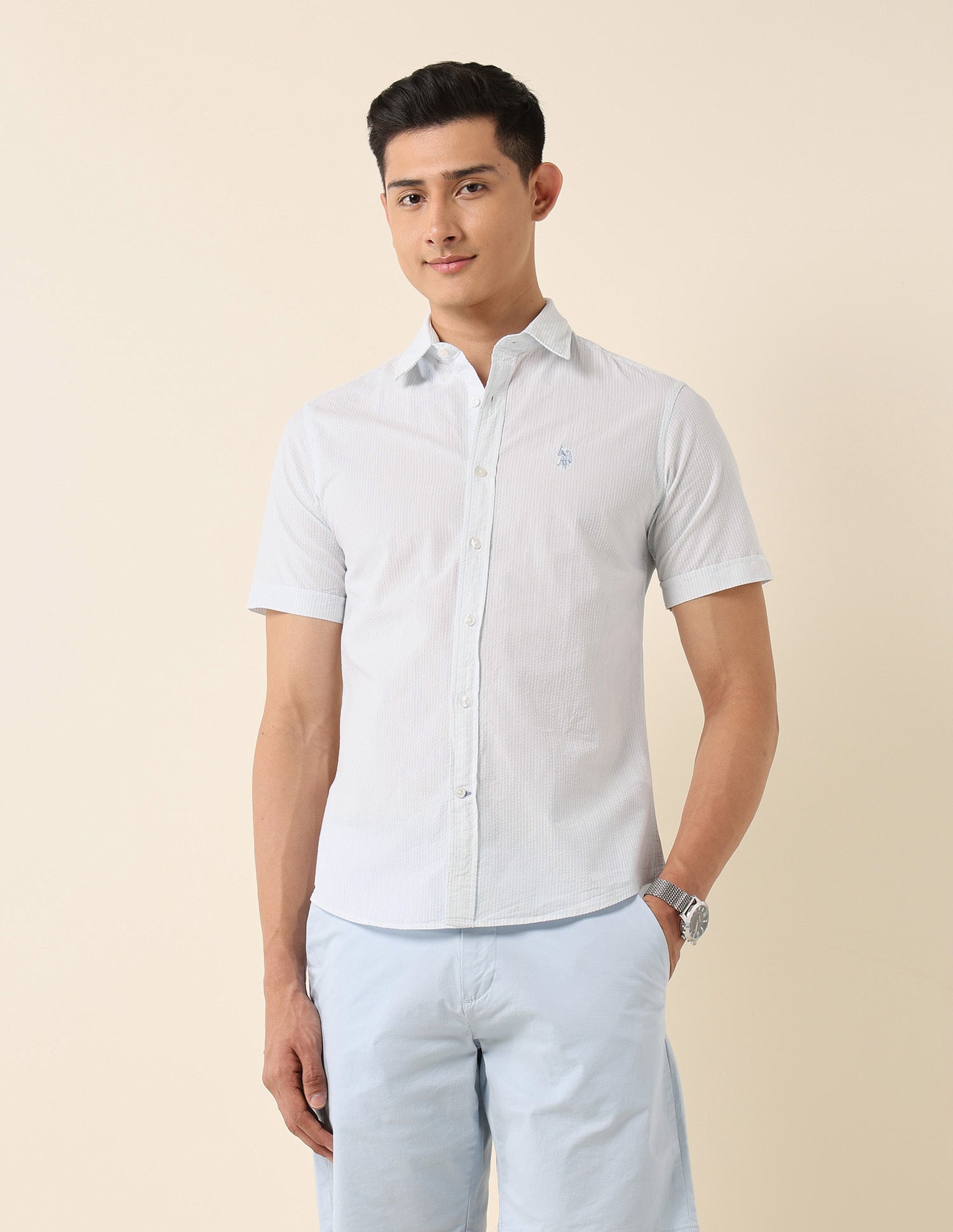 Vertical Striped Pure Cotton Shirt Light Blue - U.S. Polo Assn. India | Large
