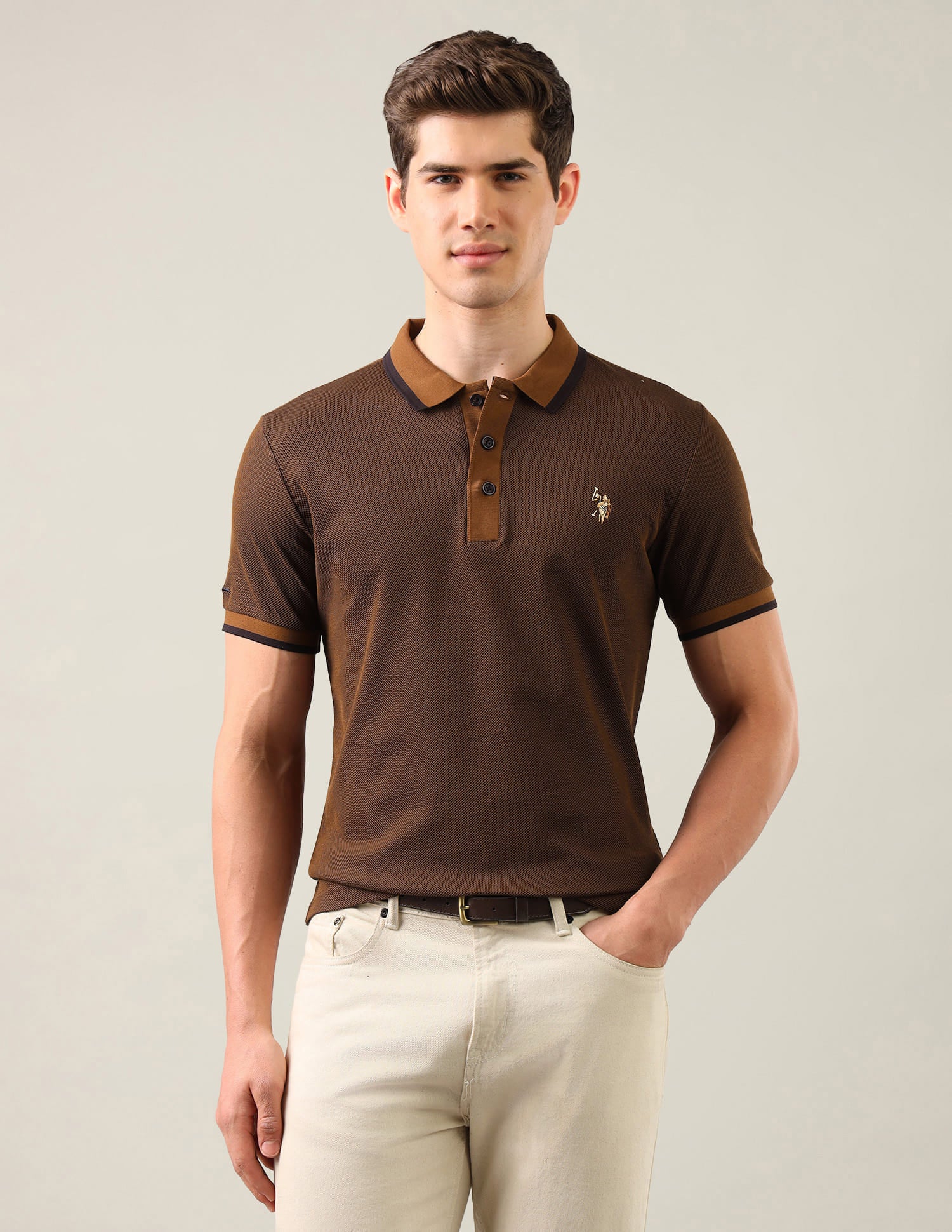 Textured Slim Fit Polo Shirt Brown - U.S. Polo Assn. India | Large