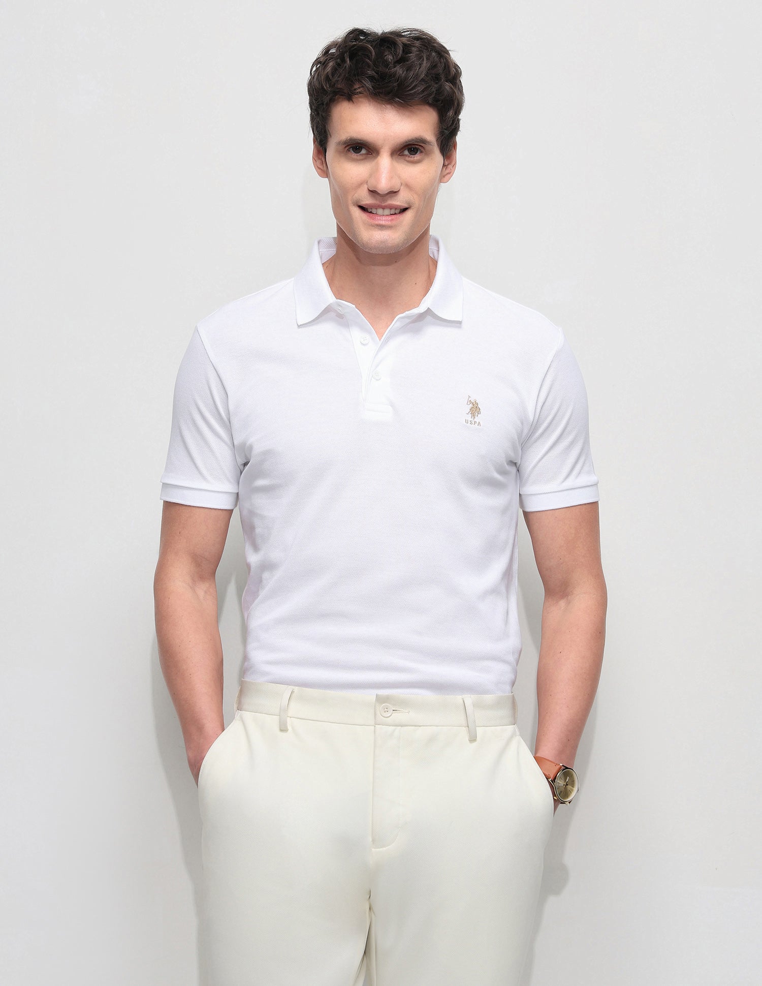 Solid Slim Fit Polo Shirt Off White - U.S. Polo Assn. India | Large