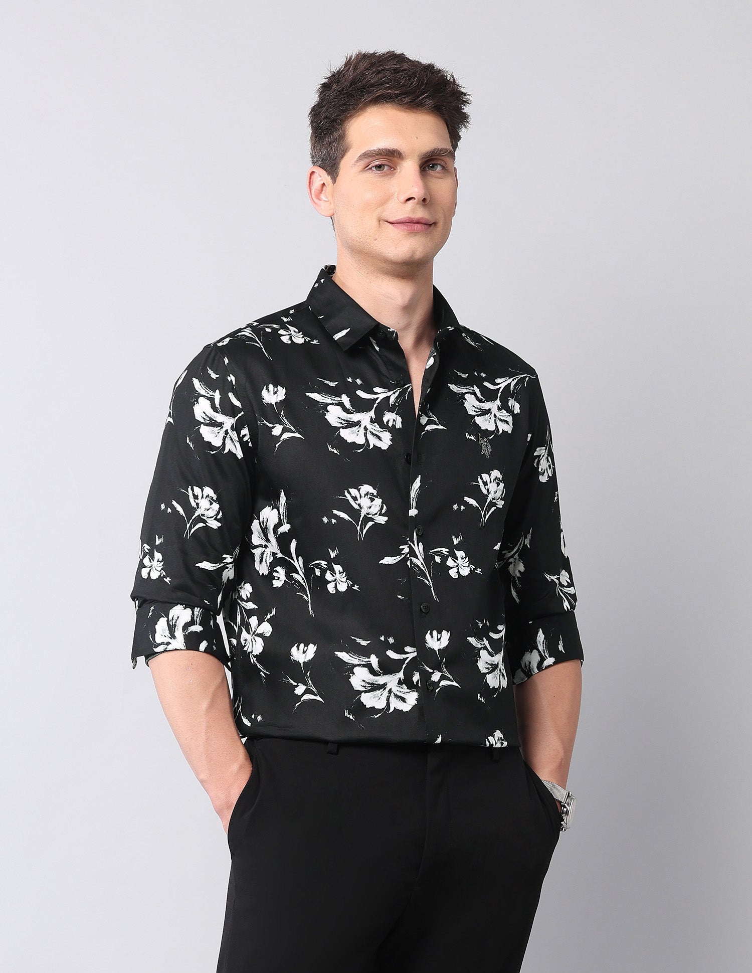 Floral Printed Satin Shirt Black - U.S. Polo Assn. India | Large