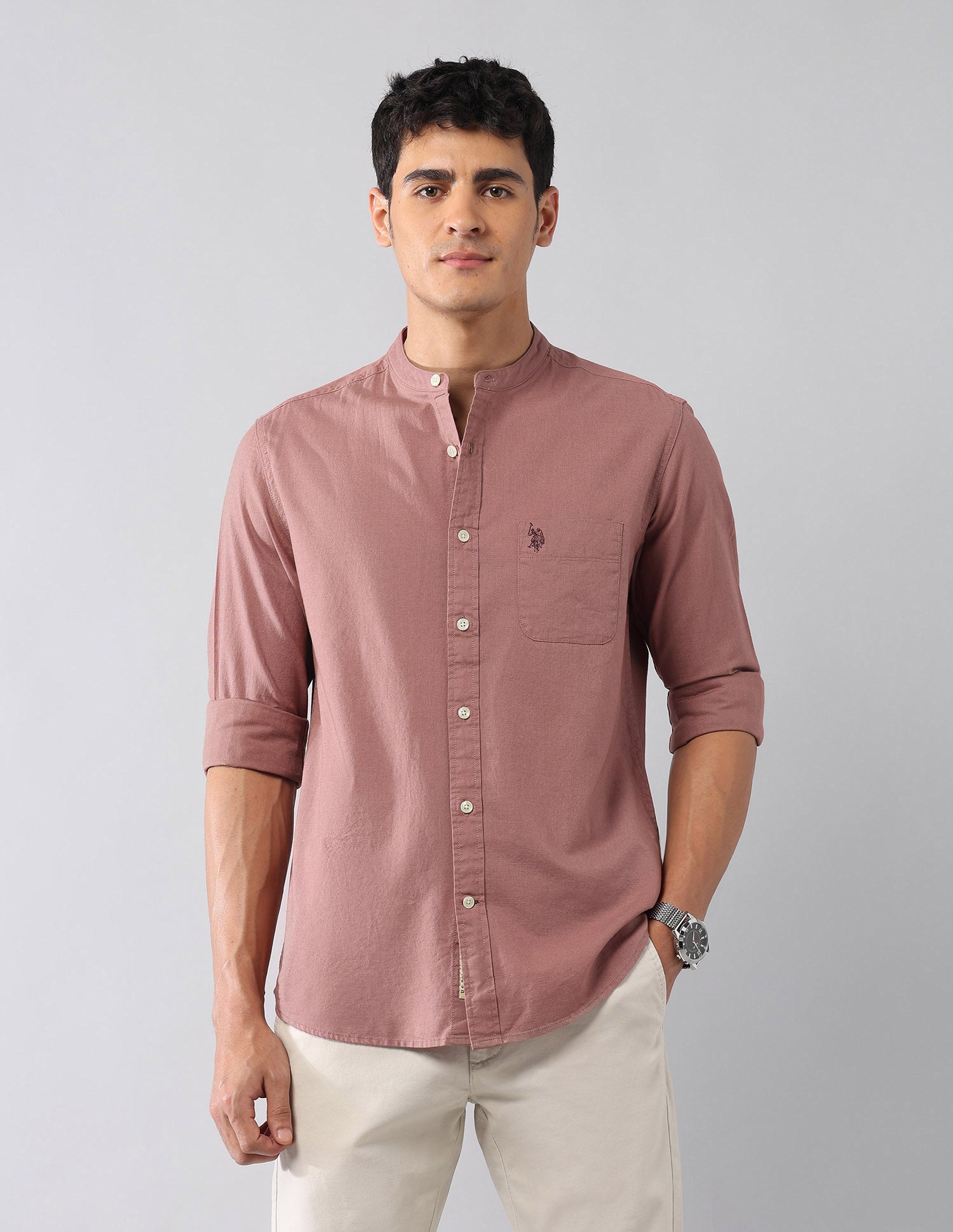 Solid Regular Fit Mandarin Shirt