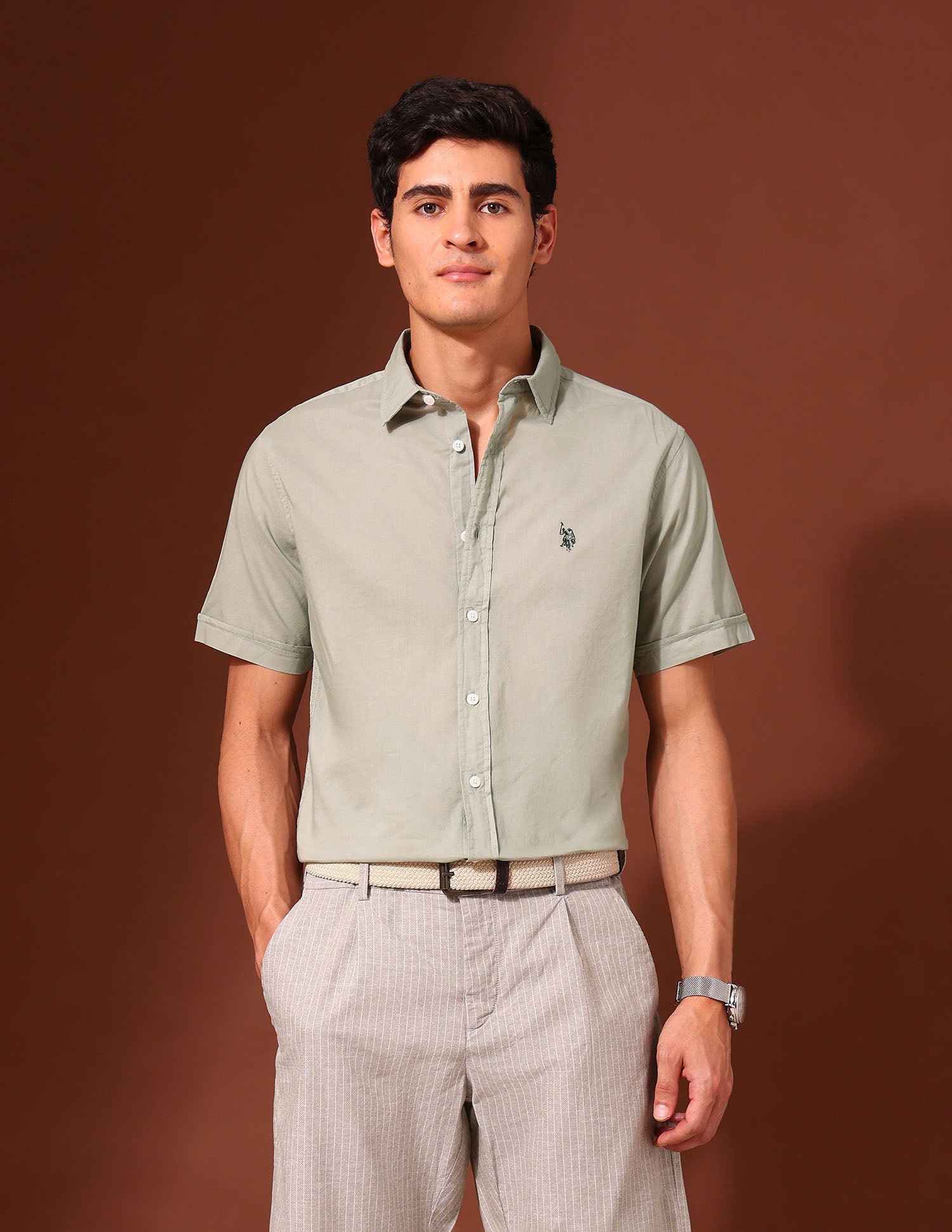 Tailored Fit Pure Cotton Poplin Shirt Green - U.S. Polo Assn. India | Large
