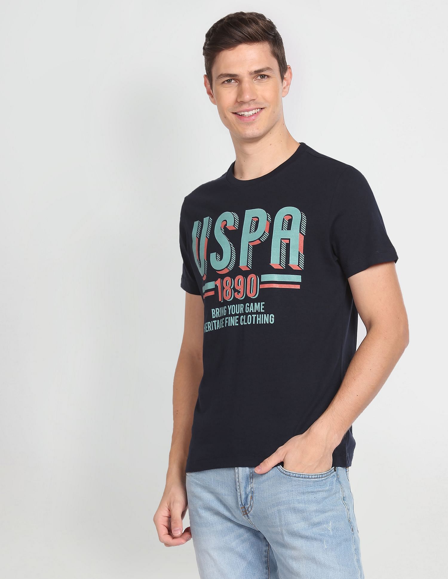 Men Navy Cotton Brand Print T-Shirt Navy - U.S. Polo Assn. India | Large