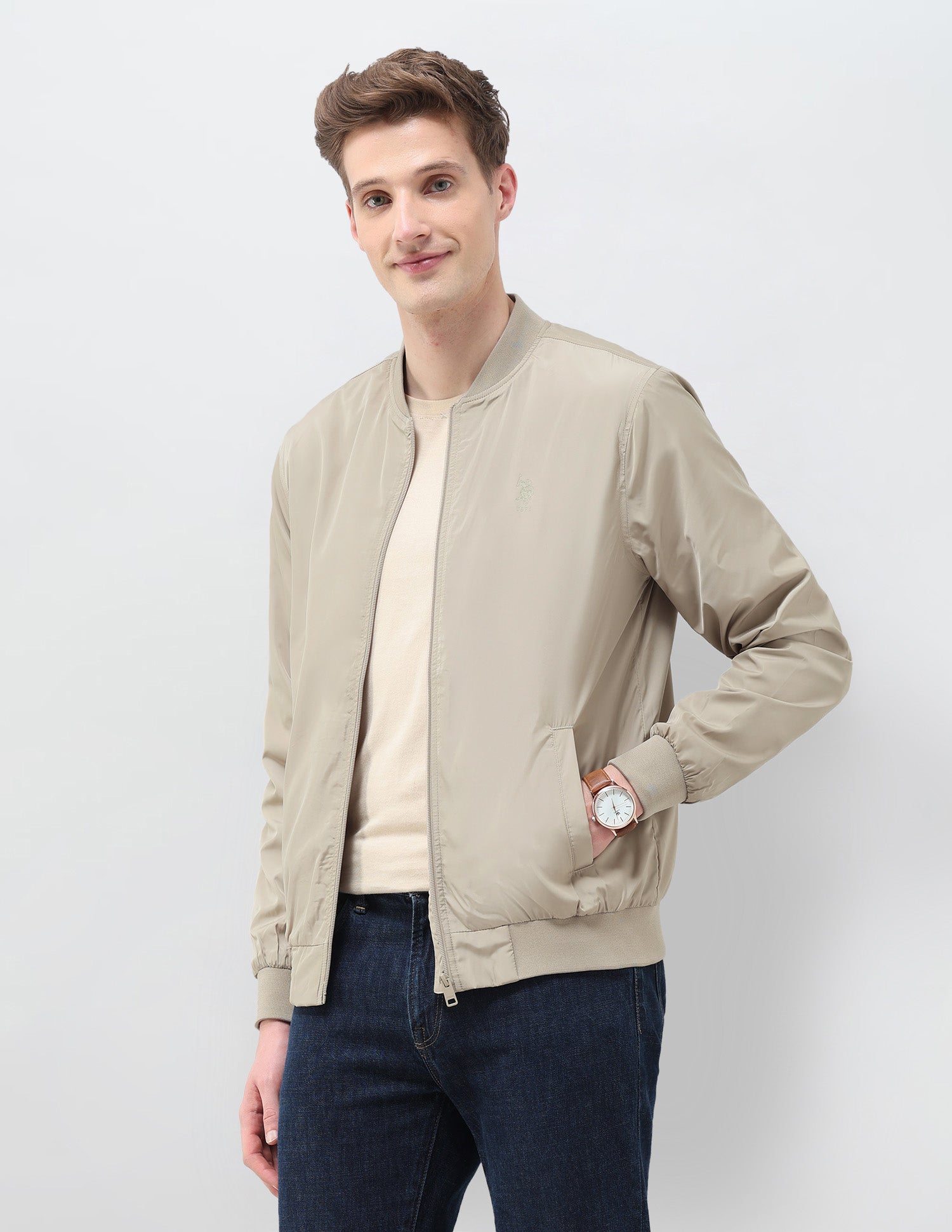 Solid Regular Fit Bomber Jacket Ecru - U.S. Polo Assn. India | Large